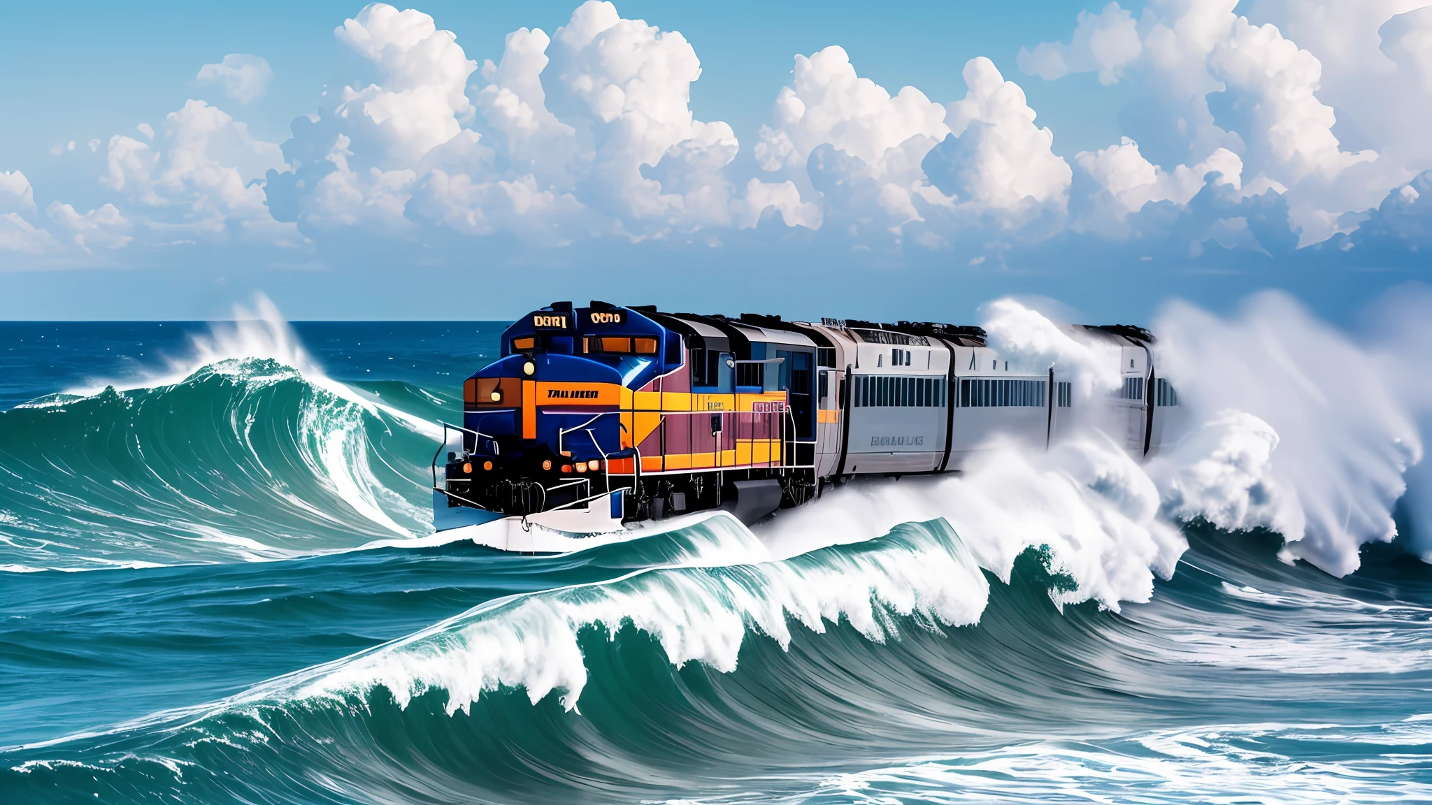 A train racing at high speed on a dangerous railroad that passes along a rough sea, with powerful waves crashing into the rocks. The railway is narrow and steep, providing a journey full of adrenaline and risks. The train moves forward with determination as the waves hit the sides of the tracks. The image captures the emotion of the moment, conveying the sense of impending danger. The style for this image is a high-quality photograph, captured with a telephoto camera to highlight the details of the train and the immensity of the rough sea. --auto --s2