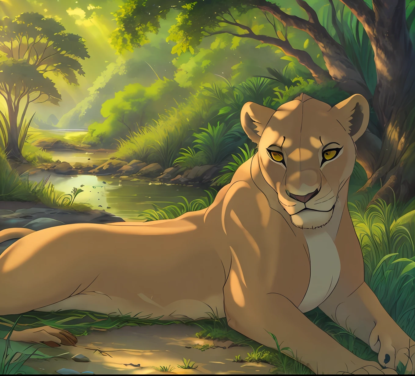 (masterpiece),(soft light),(lioness),(lying on the savannah by the river),(nature),(river),(vegetation),(animal),(scenic view),(rich green)