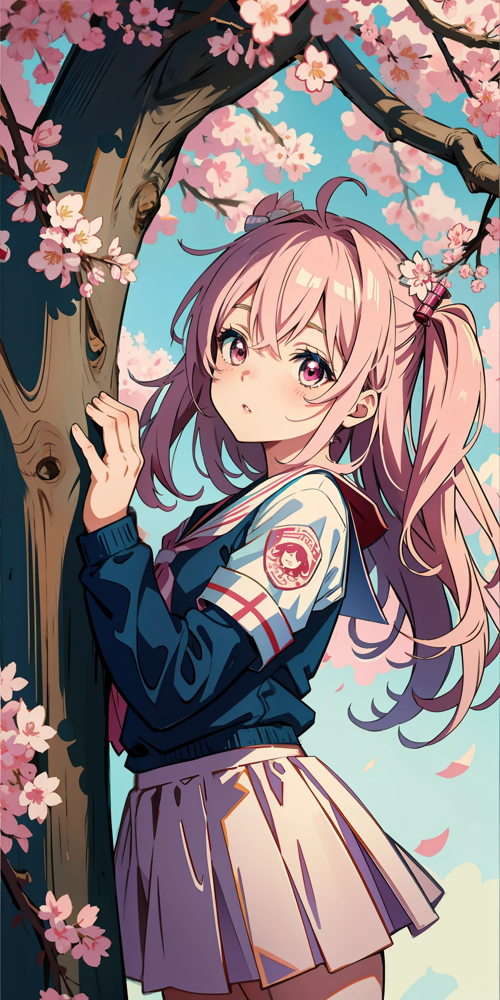 [[Anime style]] [[pop art]], [[masterpiece]], [[best quality]], [[best artist]], [[Wlop]] of a cute high school girl on a tree background Sakura in lighting [[awesome and neutral]] [0.9], [[Niji:5.2]]--