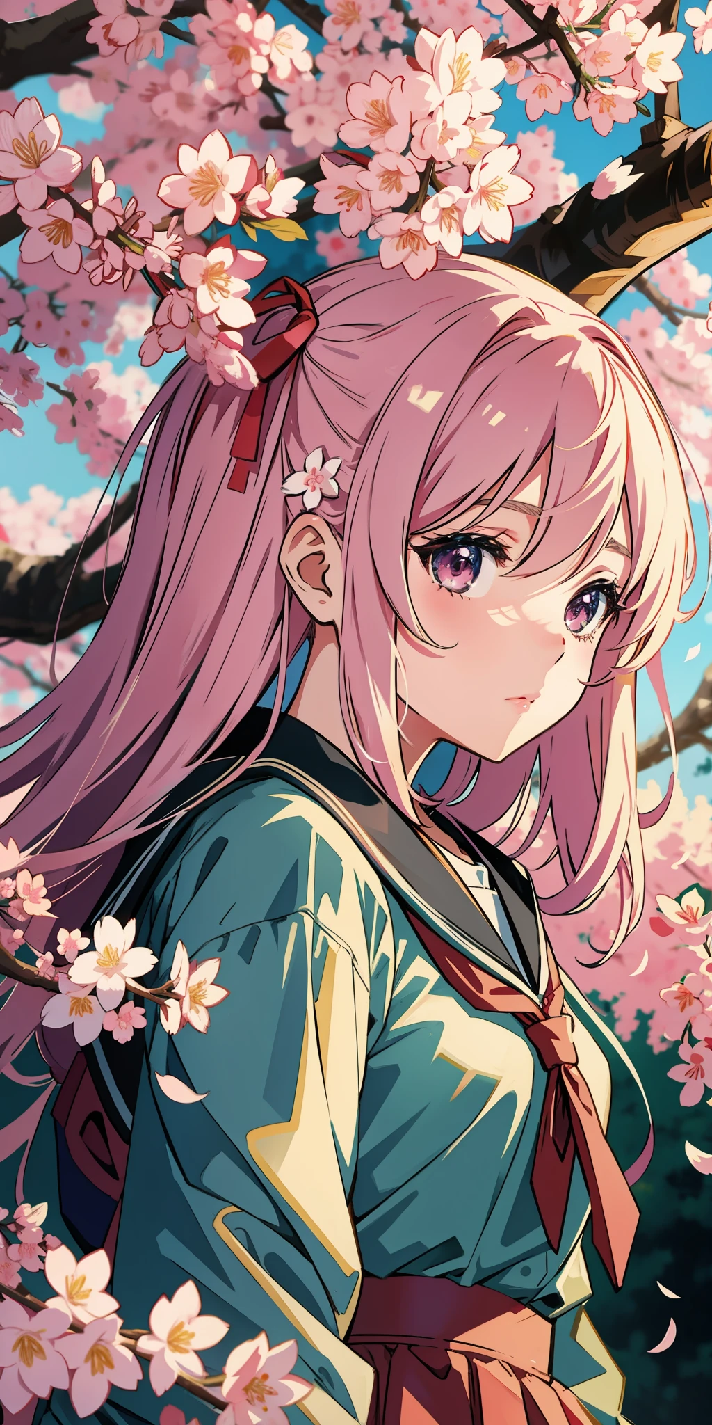 [[Anime style]] [[pop art]], [[masterpiece]], [[best quality]], [[best artist]], [[Wlop]] of a cute high school girl on a tree background Sakura in lighting [[awesome and neutral]] [0.9], [[Niji:5.2]]--