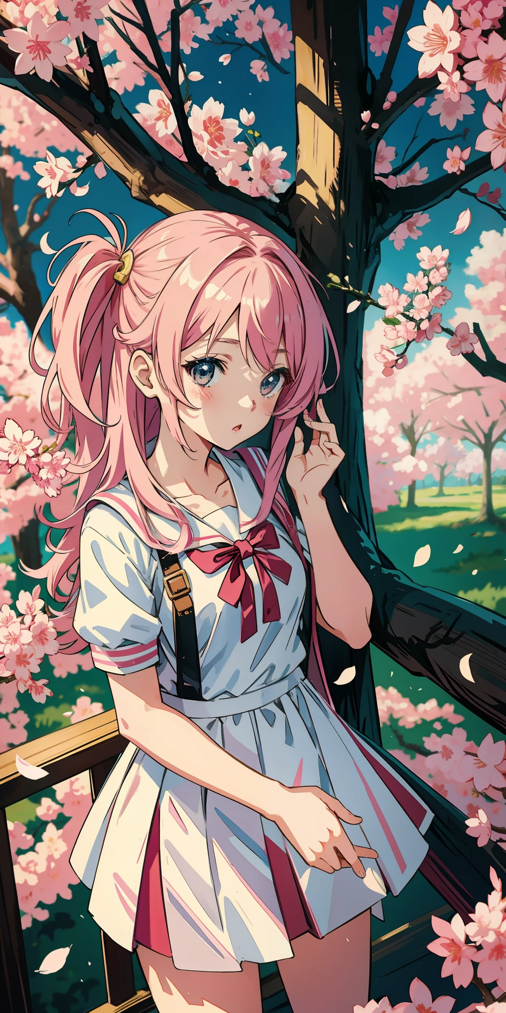 [[Anime style]] [[pop art]], [[masterpiece]], [[best quality]], [[best artist]], [[Wlop]] of a cute high school girl on a tree background Sakura in lighting [[awesome and neutral]] [0.9], [[Niji:5.2]]--