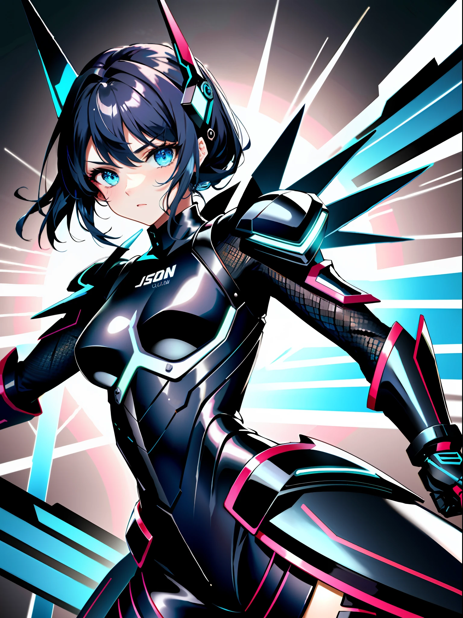 1girl, best quality, masterpiece, ultra high res,absolutely resolution,illustration, disdain, detailed solo character holding neon wepon, detailed face, attack action, using wepon, intricate design, sharp focus, ｍechanical neon armour, neon helmet,