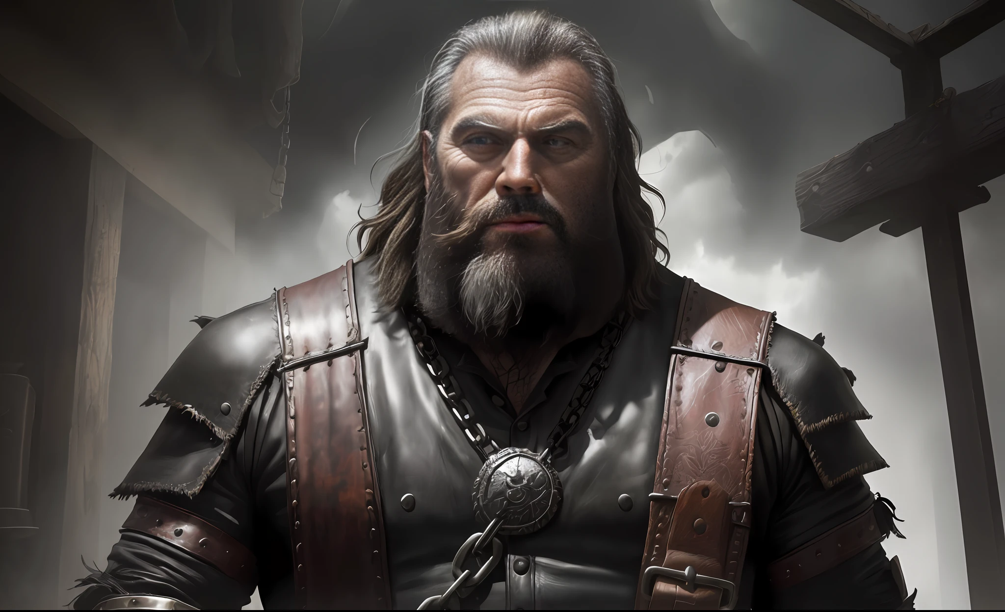 Photo of the world's most beautiful artwork featuring inner demons of a bearded, grizzled man in chains(vibrant, photorealistic photo, realistic, dramatic, dark, sharp focus, 8k), (weather-damaged old and worn leather clothing: 1.4), (global lighting, gloomy environment, volumetric half light)