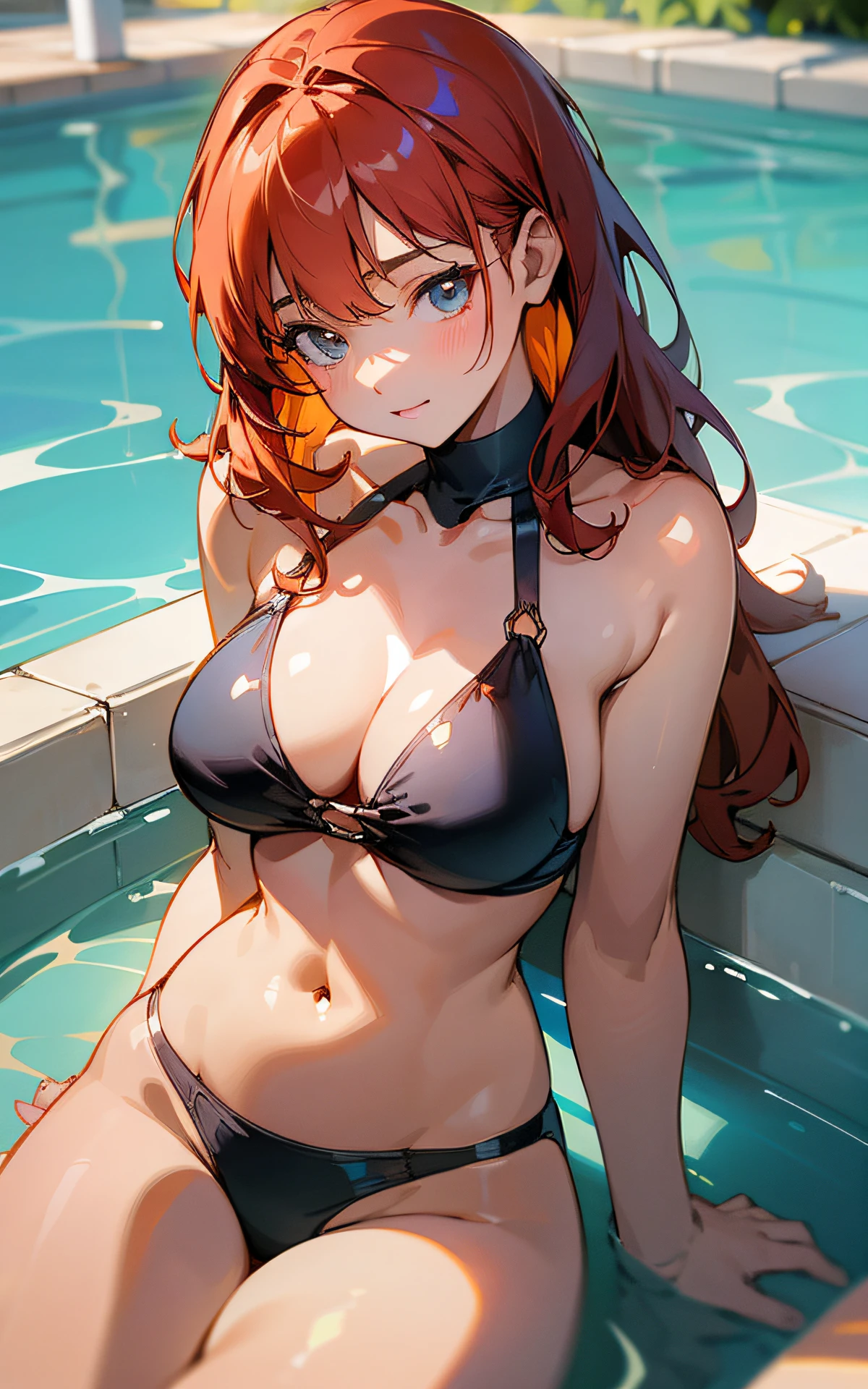 ely Detailed CG, Caustics, Cinematic Lighting, Detailed, Beautiful Detailed Eyes, NSFW:1.8, solo、oily skin、cleavage、8yers old), Ultra High Resolution, fine skin, (cute: 1.2, colorful bikini), (strong light),separate swimsuit、outdoors、vivid、pool at night、clavicle、crossed legs、red hair,((thick outline、black outline、brighten the subject))