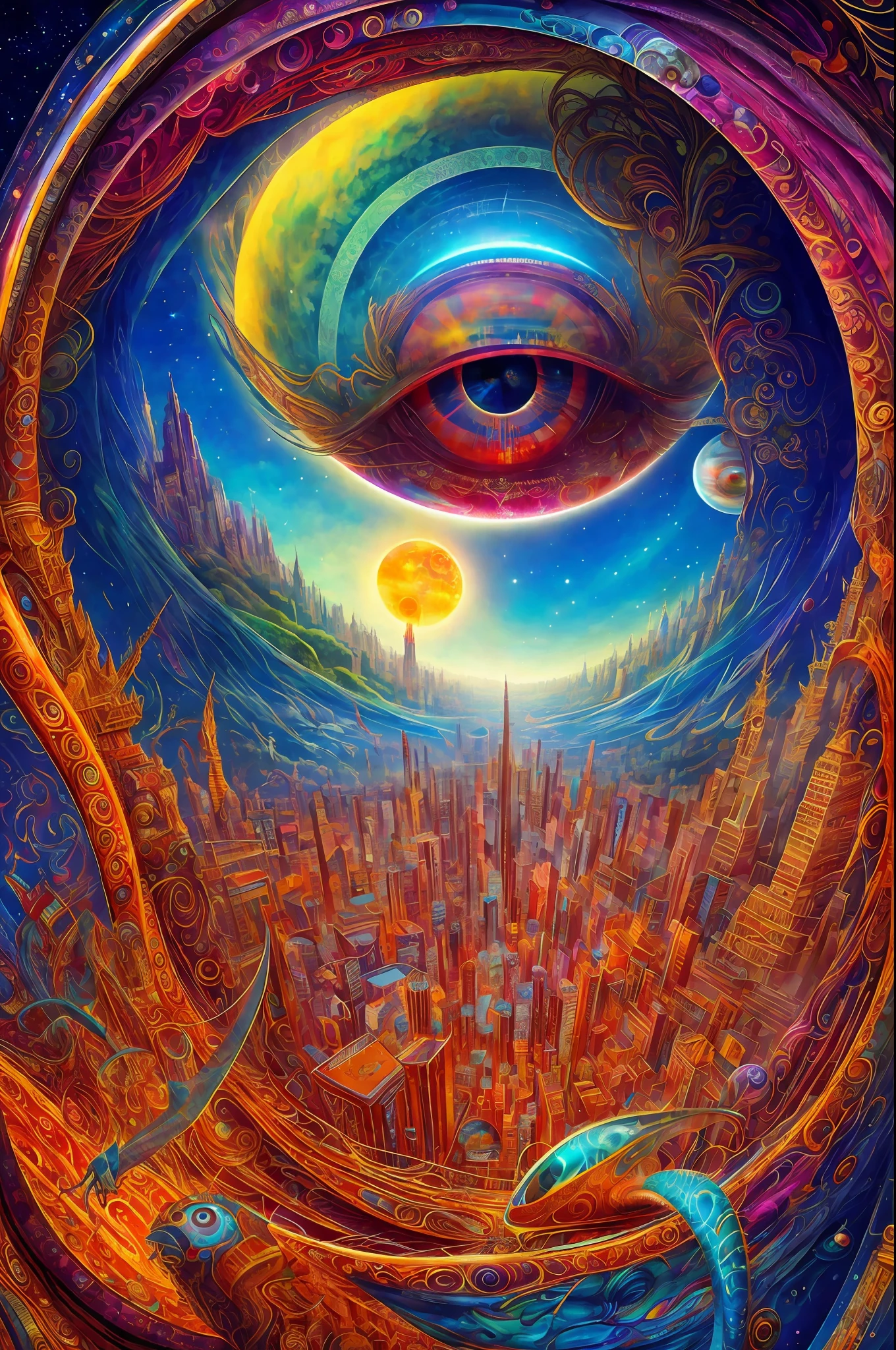 psychedelic, intricate, hyper detailed, artistic, a giant alien eye flying atop a cosmic glass city