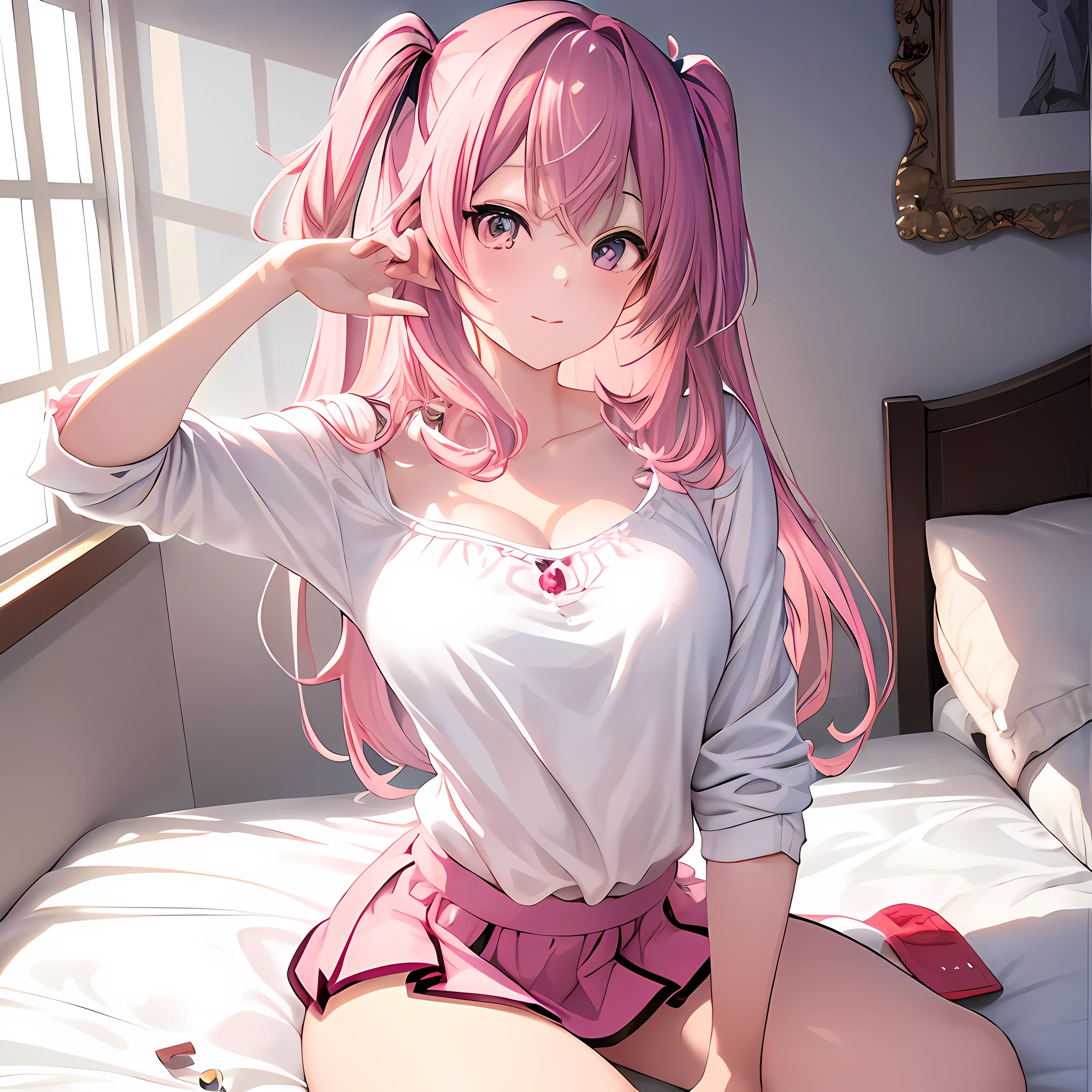 (masterpiece), best quality, expressive eyes, perfect face,beautiful illustration, best quality, cute girl, bedroom, pink hair, happy, miniskirt, white blouse, two side up, ((clothes open)), ((sexy Pose:1.5)), ((see-enough:1.1))