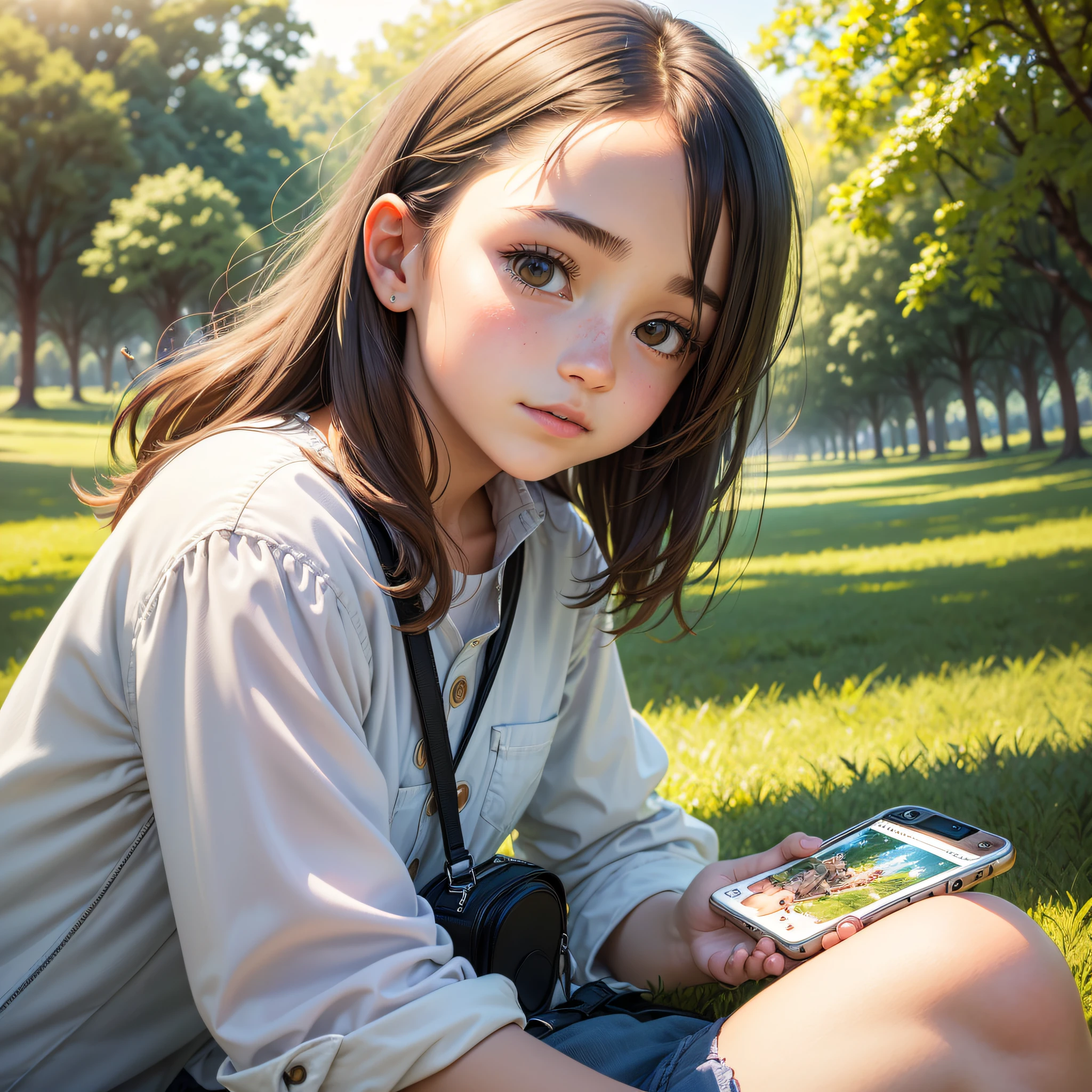 (artwork, maximum quality, ultra-detailed),(scene description: 13-year-old girl taking pictures with her cell phone in the park), portrait, dynamic angle, bright colors, soft natural light, smooth skin texture, a calm and serene feeling, lush and colorful park landscape, sunset, watercolor style