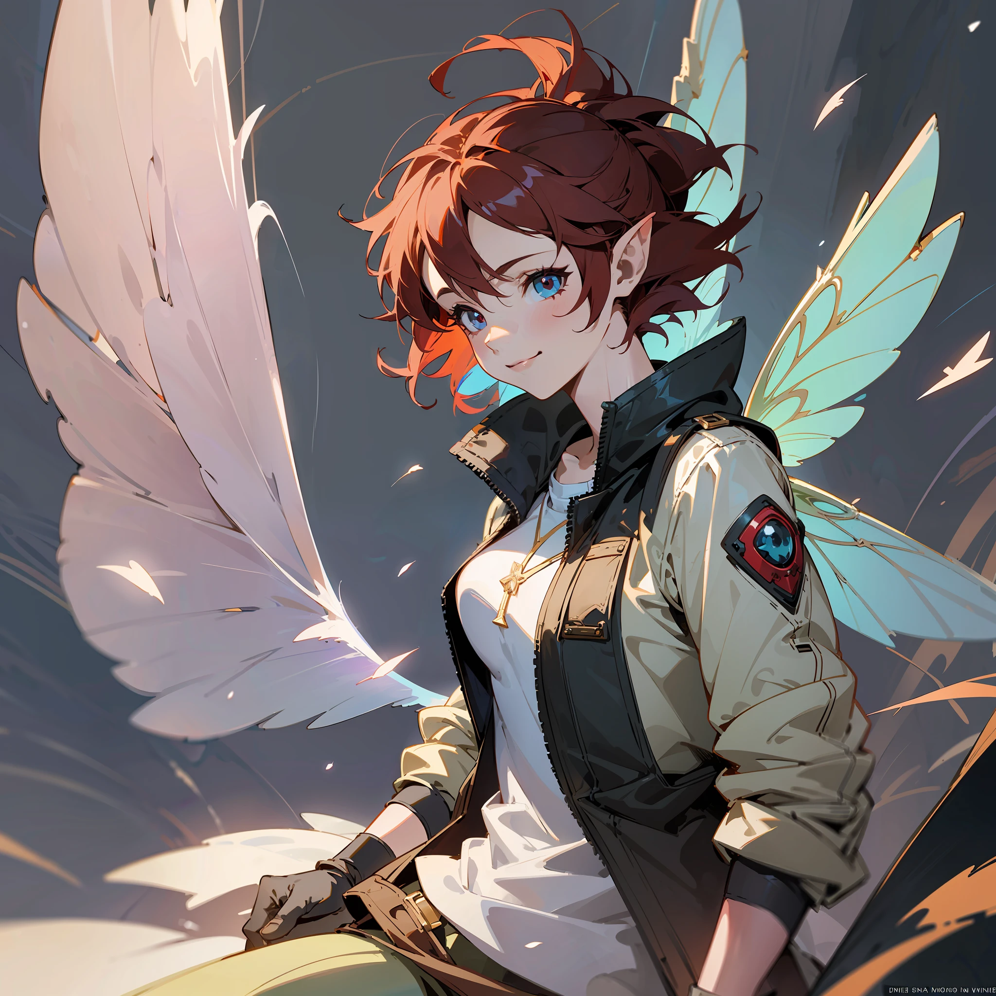 Draw a pixie fairy, adult woman, muscular, in a post apocalyptic world, with dark red hair, anime style. Use androgeny, angel, divine and light as keywords. She has bettle wings, small clothes but using a long white jacket. Smiling, a lovely look, floating in the air, in the dawn. --auto --s2