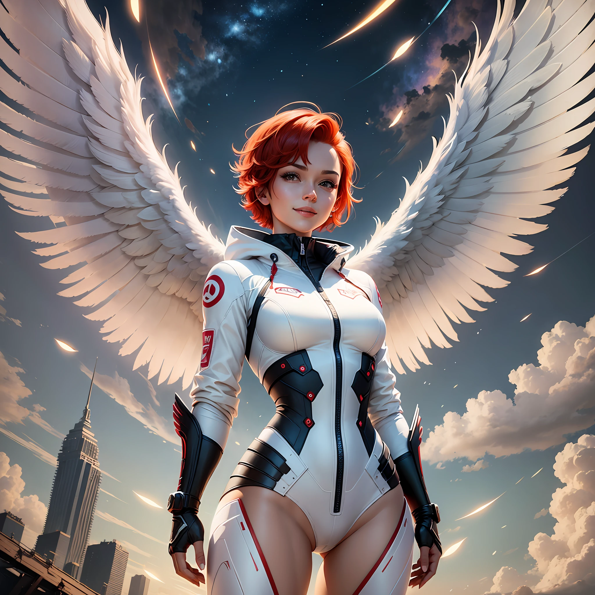 Draw a angel, adult woman, muscular, in a futuristic world, with red short hair, anime style, ignore all cg and realism. Use apoteosys, angel, divine, feminine, strong and light as keywords. She has big wings, small clothes but using a long white jacket. Smiling, a lovely look, floating in the air, in the dawn. --auto --s2