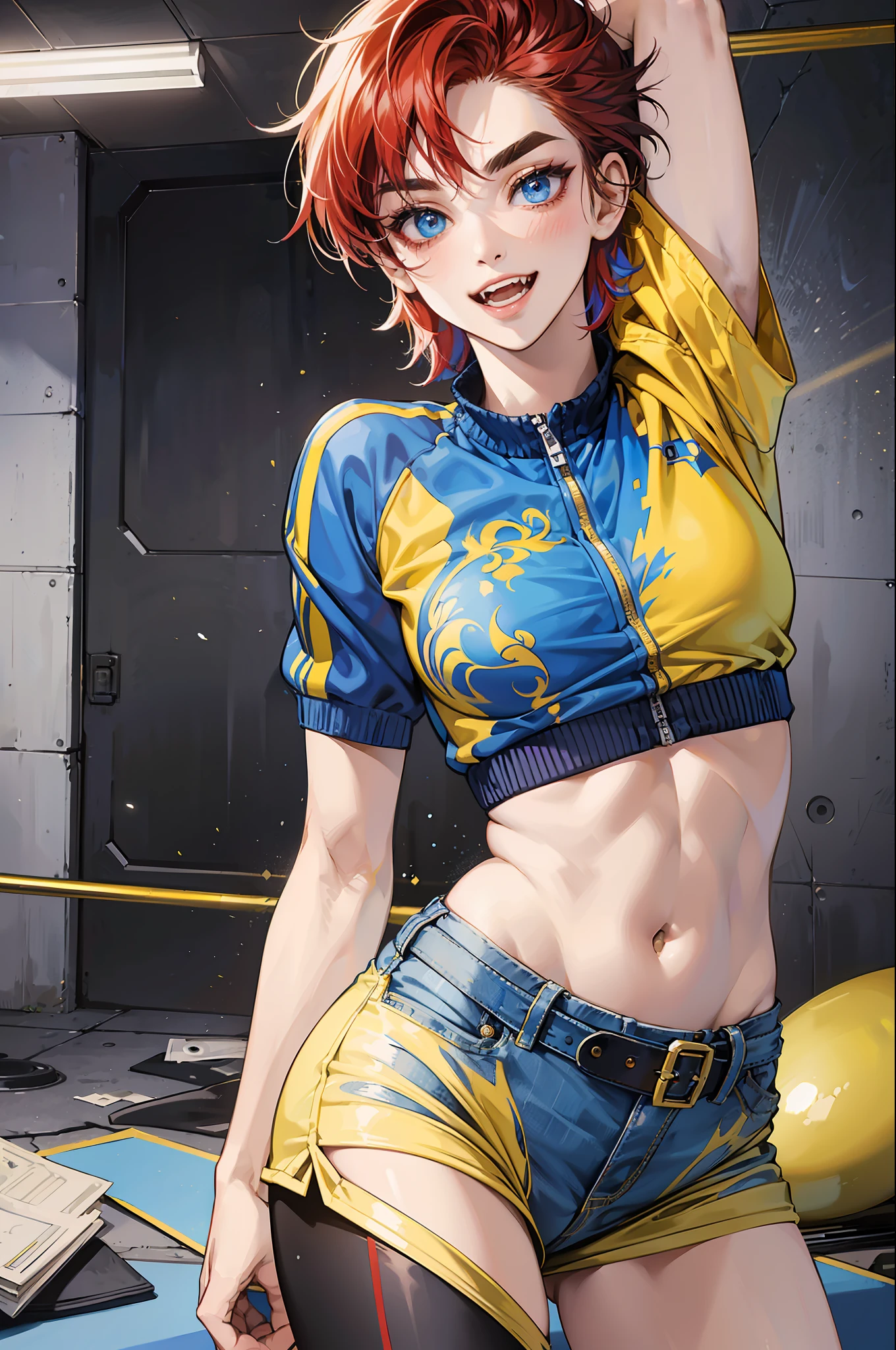 anime portrait of a Original Character, Volumetric Lighting, Best Shadows, Portrait Of Stunningly tomboy, atletic, Delicate Beautiful Attractive Face With Alluring blue Eyes, Messy Painted Face, Sharp Eyebrows, Broadly Smiling, Open Mouth, Fangs Out, Lovely small Breasts, pixiecut small redHair, Blush Eyeshadow, Thick Eyelashes, fitness clothes, yellow jacket, Slim Waist, Denim Jeans dark Pants, With Buckle Belt, In a gym, (Highest Quality, Amazing Details:1.25), (Solo:1.3), Brilliant Colorful Paintings --auto --s2