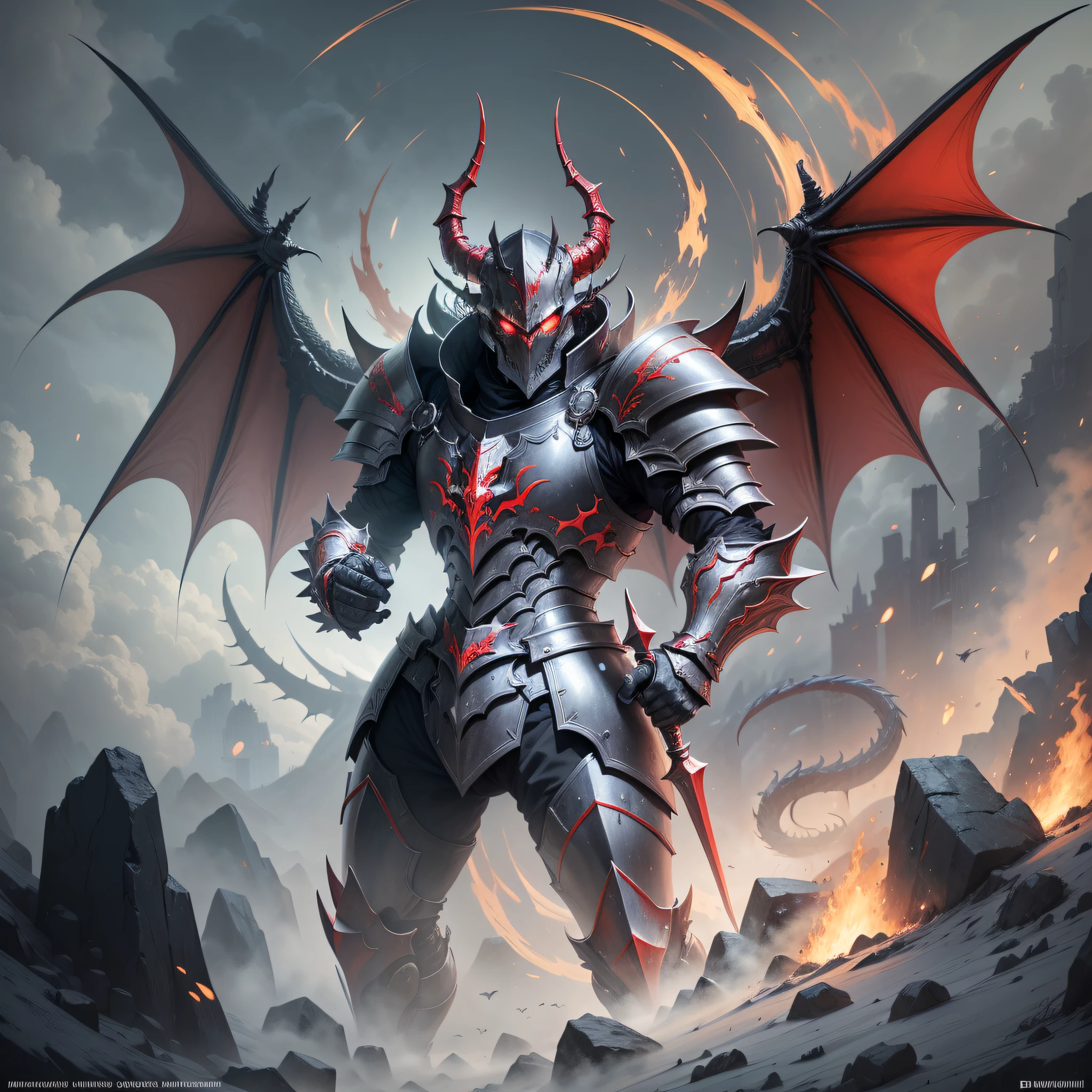 Arafed knight with red eyes and a black armor, dragon knight, demonic armor, demon dragon inspired armor, draconian looking armor, evil knight, dragon armor, dragon inspired armor, red demon armor, ancient dragon full plate armor, shadow armor, epic fantasy digital art style, dark armor, black and red armor, blood knight, fantasy inspired dragon armor, Catching fire, metal horns, metal cover