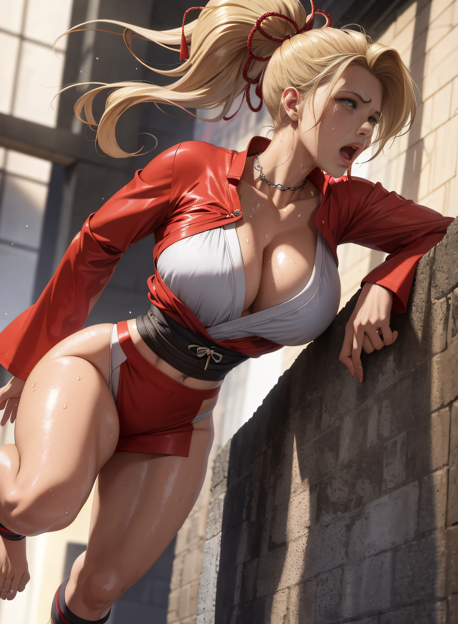 masterpiece:1.2, best quality), realistic, (real picture, intricate details, depth of field), (1girl, solo), make up, parted lips, highly-detailed, perfect face,
(huge breasts:1), (skindentation), thick thighs, wide hips, small waist, tall, glossy coral lips,
(blond hair:1.4),ponytail,
(sweating:1.2), (wet), sexy, blushing,shiranui mai,genryusai maki,final fight,red kimono, bare shoulder,full body, bare legs, barefoot,cleavage,bare arms,fishnet bra,ninja, kunoichi,shinobi,chain mail shirt,muscular female, panties,sweating,sweating profusely,shouting, screaming, open mouth,(moaning in pain, feeling pain, tears, pain, crying with pain, expression of anguish),