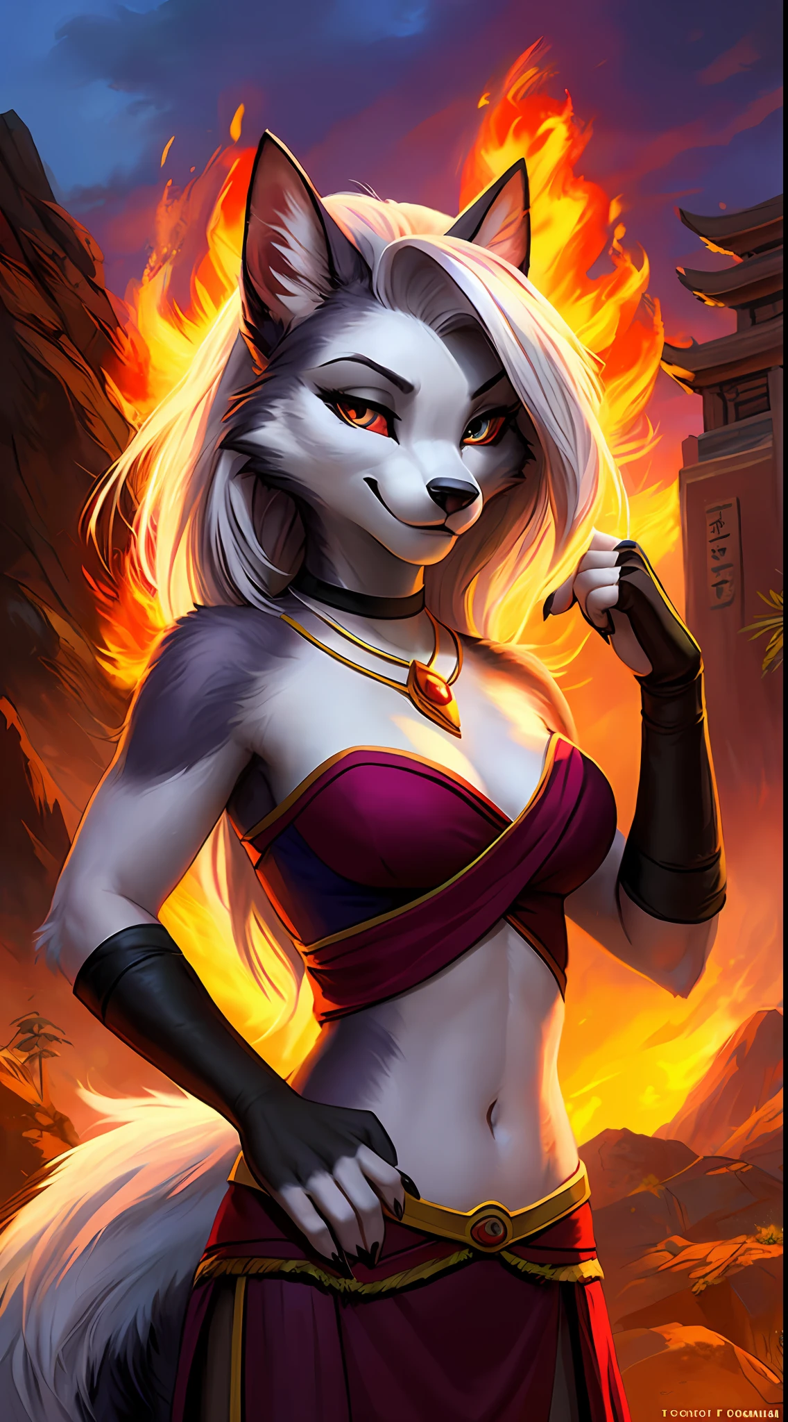 uploaded to e621, raw photo, realistic, anthro, detailed face, detailed fur, high resolution, beautiful and detailed portrait of Helluva Boss, Loona Hellhound, Loona, kenket, Ross Tran,ruan jia, zaush, foxovh, cenematic lighting, small breast, whole body, beautiful, Fire nation outfit, avatar, avatar the last airbender, fire nation, confident smiling face, solo, 1girl, asia temple at sunset, surrounded by fire,  Everything is on fire