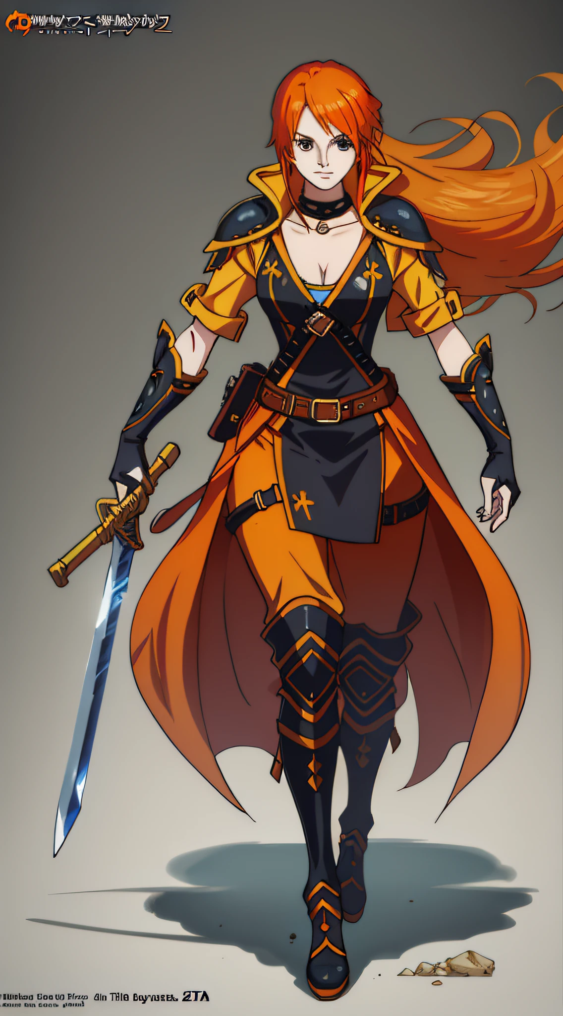 an orange haired woman with a sword in her hand, concept art by senior character artist, Artstation contest winner, sots art, official art, concept art, 2d game art