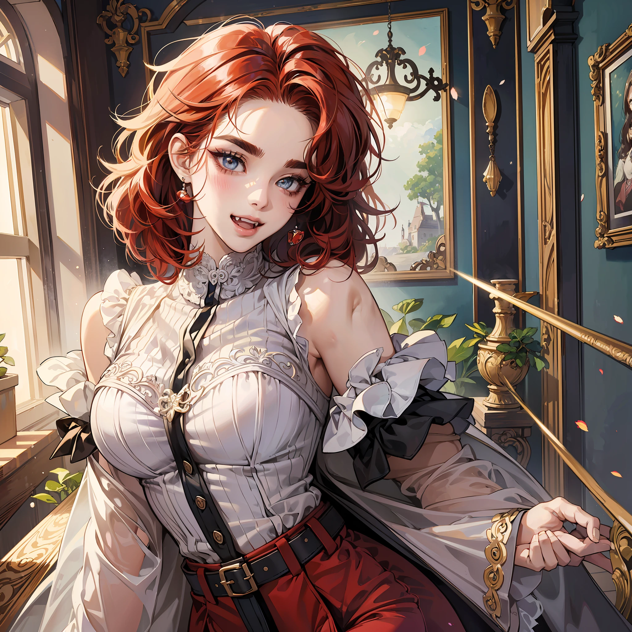 anime portrait of a Original Character, Volumetric Lighting, Best Shadows, Portrait Of Stunningly adult woman, hairstylist, atletic, Delicate Beautiful Attractive Face With Alluring brow Eyes, perfect Painted Face, Sharp Eyebrows, Broadly Smiling, Open Mouth, Fangs Out, Lovely medium Breasts, curly afro red Hair, Blush Eyeshadow, Thick Eyelashes, elegant clothes, Slim Waist, dark Pants, With Buckle Belt, in a beauty saloon, (Highest Quality, Amazing Details:1.25), (Solo:1.3), Brilliant Colorful Paintings --auto --s2
