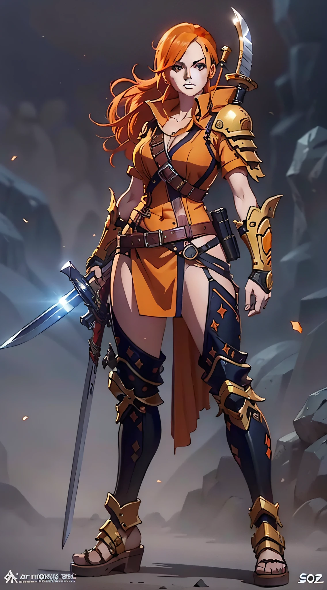 an orange haired woman with a sword in her hand, concept art by senior character artist, Artstation contest winner, sots art, official art, concept art, 2d game art