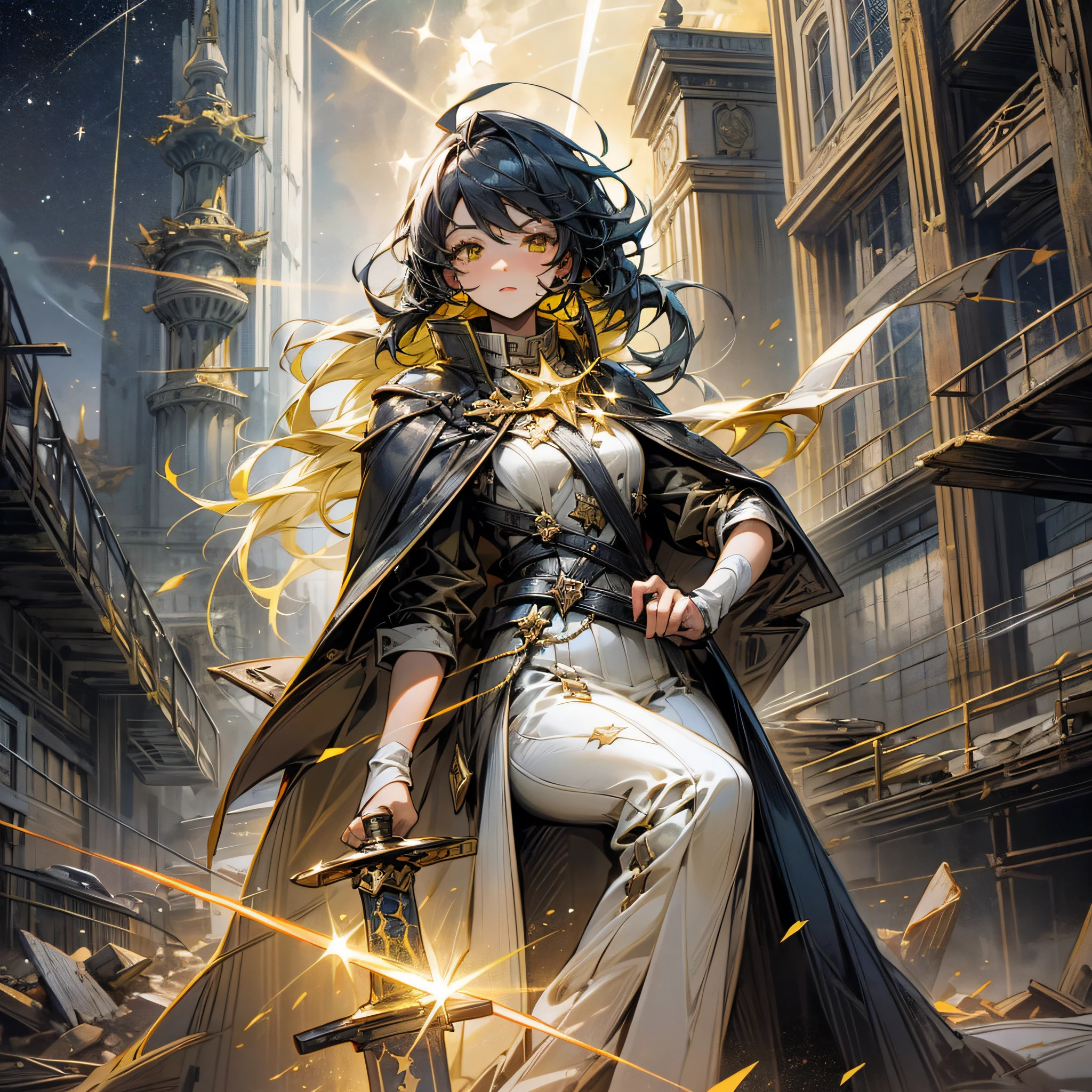 (woman on her back, with overcoat), (fire sword in hand), (old buildings, destroyed), (stars in the sky and yellow rays) --auto --s2