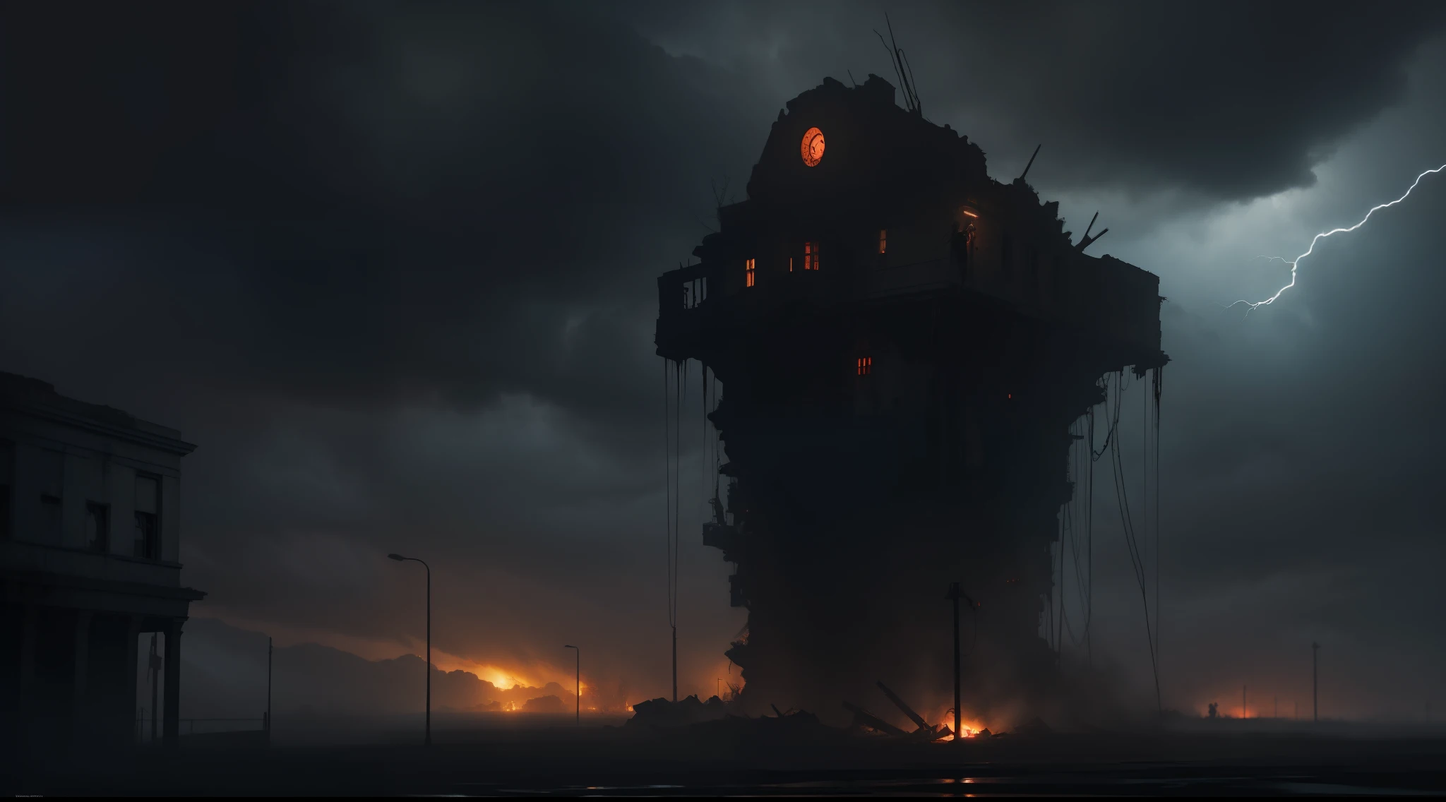 award-winning photo from the waist up, creepy zombies in an abandoned city, torn clothes, blood, nightmare, horror, storm clouds, traffic lights, lightning, hyperrealism, strong impressionist painting style, 1,618, elegant, ethereal, intricate, elaborate, hyper-realism, hyper-detailed, strong expressiveness and emotionality, style of Jose Gonzalez, Frank Frazetta, Gerald Brom, cinematic lighting, visual clarity