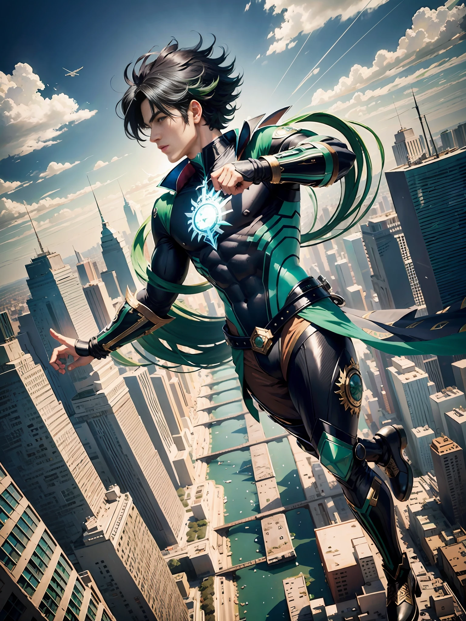 black hair, (masterpiece, best quality), intricate details, 1boy, captain planet, colorful skin, green hair, flying over the city, Surrealism, 8k, super detail