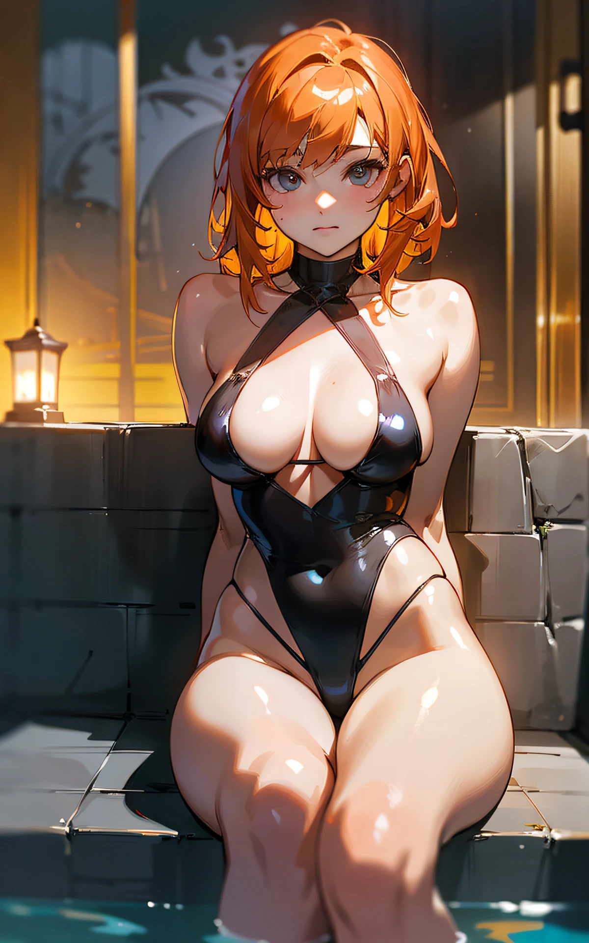 ely Detailed CG, Caustics, Cinematic Lighting, Detailed, Beautiful Detailed Eyes, NSFW:1.8, solo、oily skin、cleavage、8yers old), Ultra High Resolution, fine skin, (cute: 1.2, colorful micro bikini), (strong light),separate swimsuit、outdoors、vivid、pool at night、clavicle、crossed legs、orange hair,((thick outline、black outline、brighten the subject))