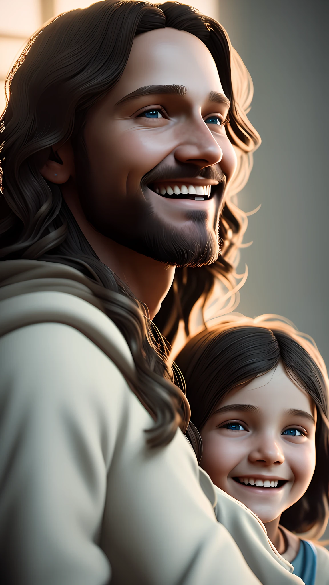 Jesus smiling with children, 1:3 photography, soft lighting, soft details, octane, trend artstation, ultra high detail, ultra realistic, cinematic, 16k
