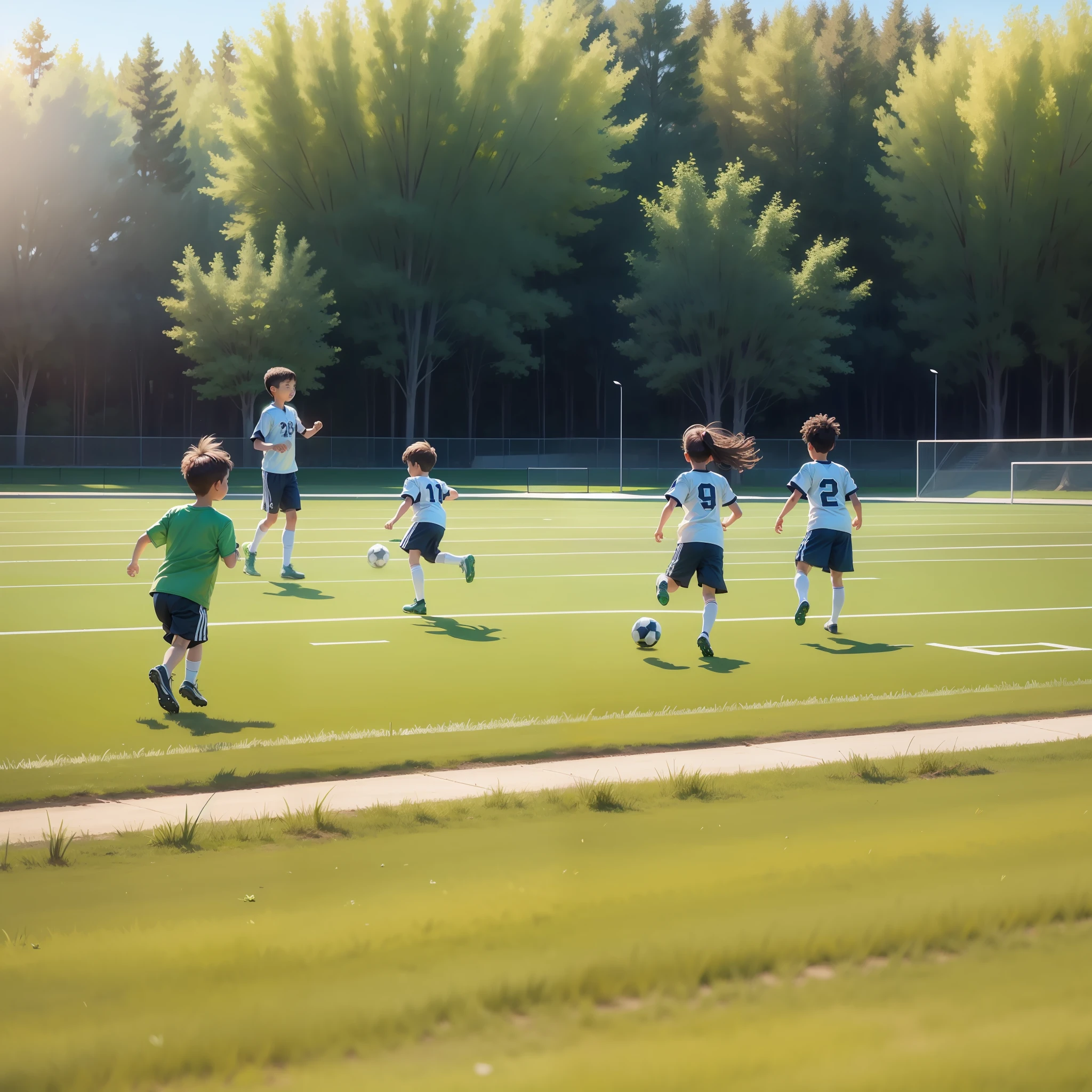 Football field, kids playing, sunny, crisp weather, green grass.