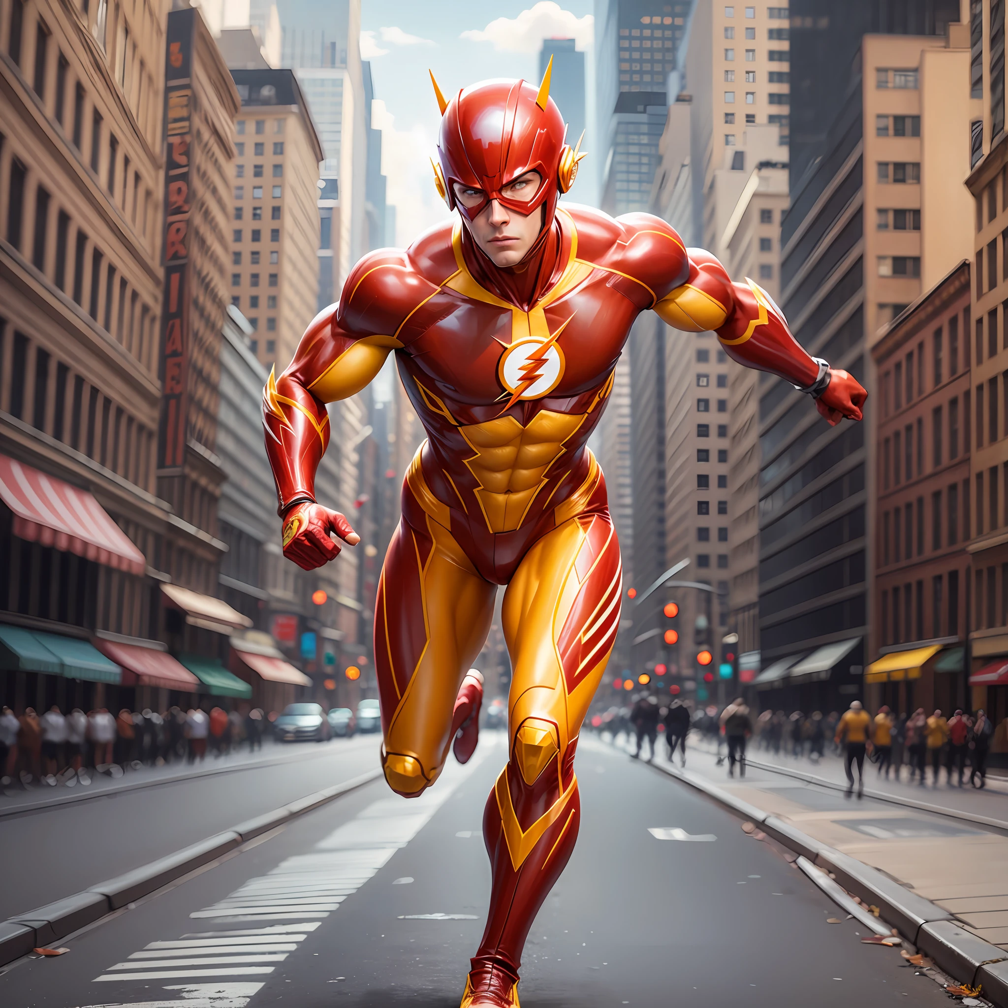 Flash running in Manhattan, Flash Suit, Correct Anatomy, Body Detailed, Suit Detailed, Realistic, Real Life, no Uncanny Valley, suit red with yellow simbol --auto --s2