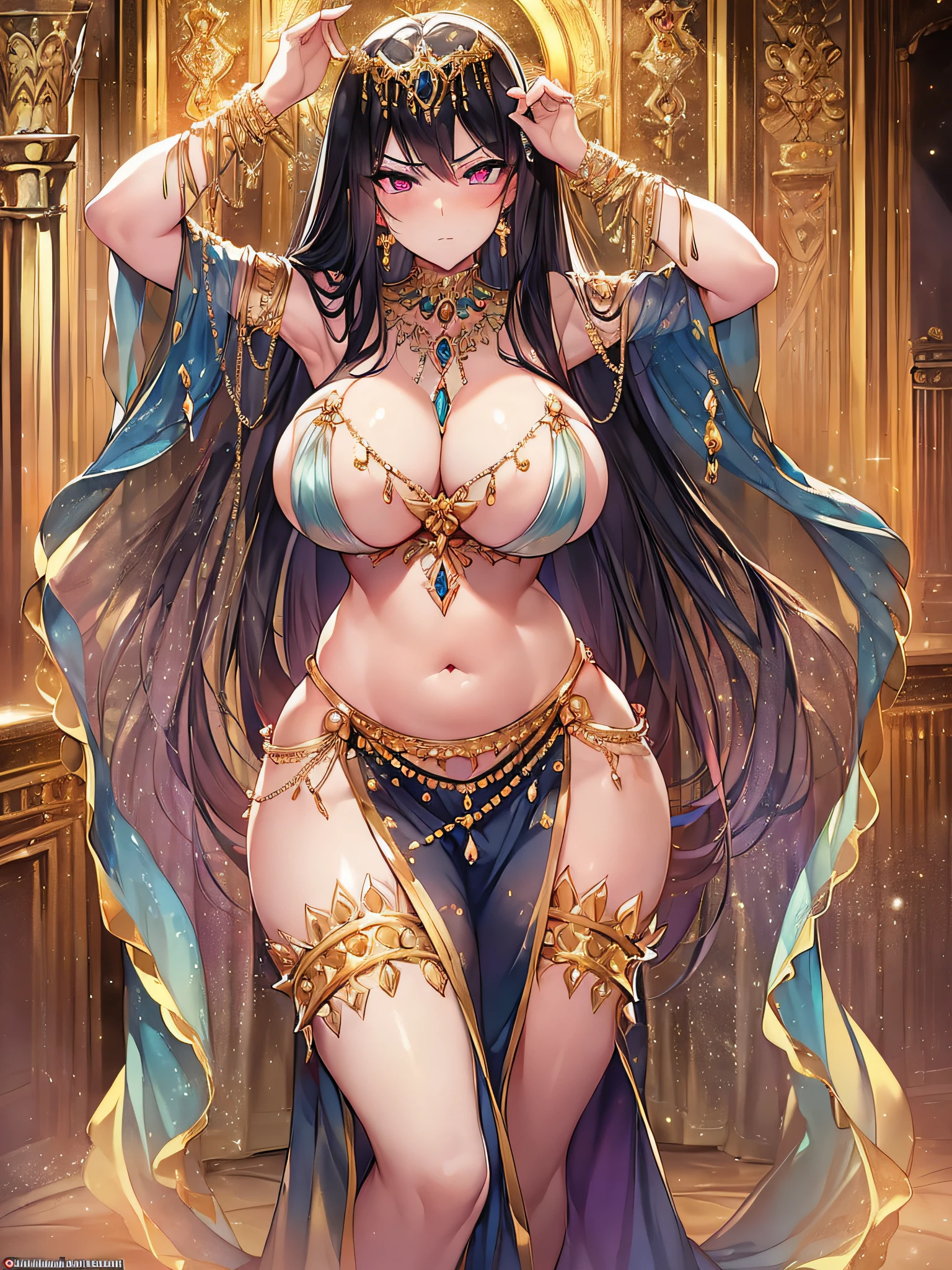 nsfw,((anime moe artstyle)),((Masterpiece)), (Best Quality), (Super Detail), Illustration, (((Very Delicate and Beautiful))),Dynamic Angle,Looking at viewer,((((Solo)))),(((Full body))),(((1 arrogant lady Belly dancing in the royal bedroom))),(dancing),(arrogant),(((glaring))),(((blush))),(Purple eyes),Sharp eyes,Detailed Face, Long Eyelashes,Jet Black Hair,Straight Hair,((Very Long Hair)),Bangs between eyes,((((gigantic breasts)))),cleavage,((skindentation)),curvy,See-through, jeweled thigh strap, jeweled arm ring, anklet, jeweled armlet,((((((jeweled Nipple cover))))), (((((jeweled crotch))))), ((((navel piacing)))), (((((waist jeweled brooch))))),((gold trim)),long gloves,Beautifully Gorgeous jeweled big tiara,Beautifully Gorgeous gem earrings,Beautifully Gorgeous jeweled necklace,Beautifully Gorgeous jeweled ornaments,indoor,light particles,royal bedroom,