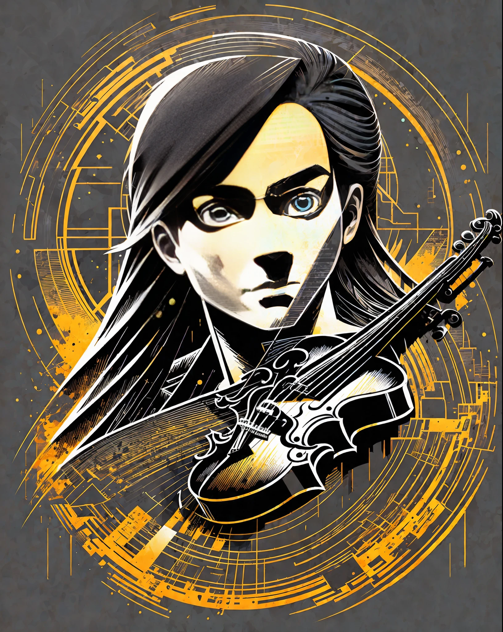 T-shirt art, 2D, ((black background: 1, 5)), vector, vivid colors, a violin in a dystopian setting, well-detailed violin masterpiece, best quality, intricate details, perfect symmetrical face, rock and roll theme , rim light, moonlight , cinematic shading, Greg Rutkowisk --auto --s2