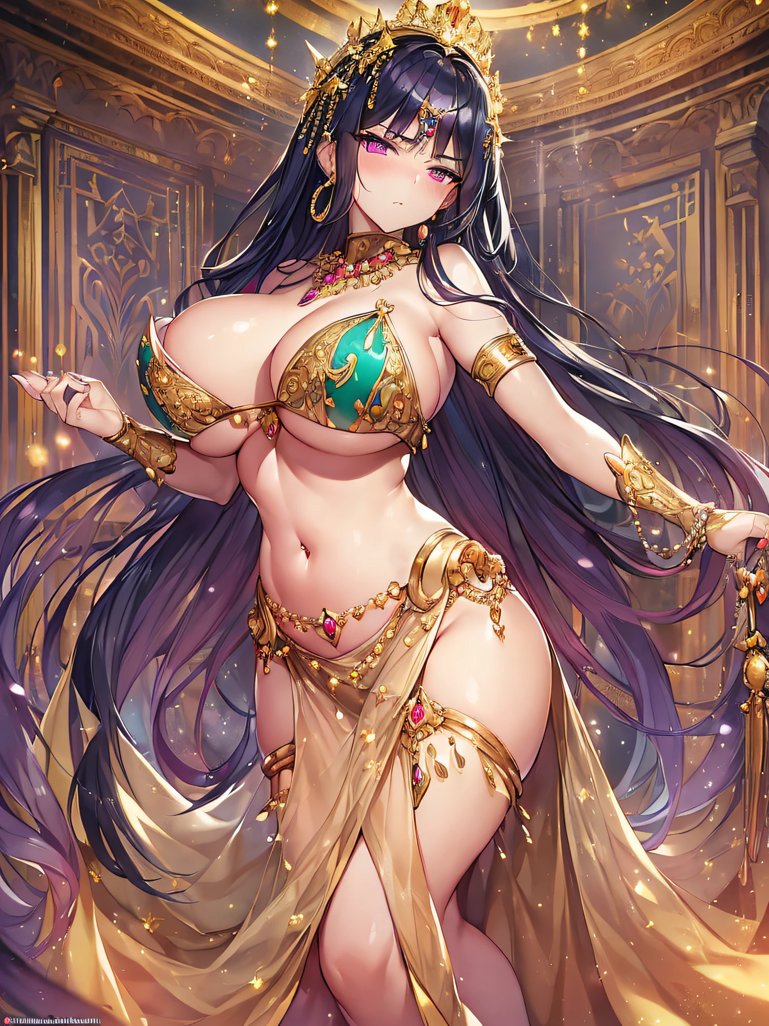 nsfw,((anime moe artstyle)),((Masterpiece)), (Best Quality), (Super Detail), Illustration, (((Very Delicate and Beautiful))),Dynamic Angle,Looking at viewer,((((Solo)))),(((Full body))),(((1 arrogant lady Belly dancing in the royal bedroom))),(dancing),(arrogant),(((glaring))),(((blush))),(Purple eyes),Sharp eyes,Detailed Face, Long Eyelashes,Jet Black Hair,Straight Hair,((Very Long Hair)),Bangs between eyes,((((gigantic breasts)))),cleavage,((skindentation)),curvy,See-through, jeweled thigh strap, jeweled arm ring, anklet, jeweled armlet,((((((jeweled Nipple cover))))), (((((jeweled crotch))))), ((((navel piacing)))), (((((waist jeweled brooch))))),((gold trim)),long gloves,Beautifully Gorgeous jeweled big tiara,Beautifully Gorgeous gem earrings,Beautifully Gorgeous jeweled necklace,Beautifully Gorgeous jeweled ornaments,indoor,light particles,royal bedroom,