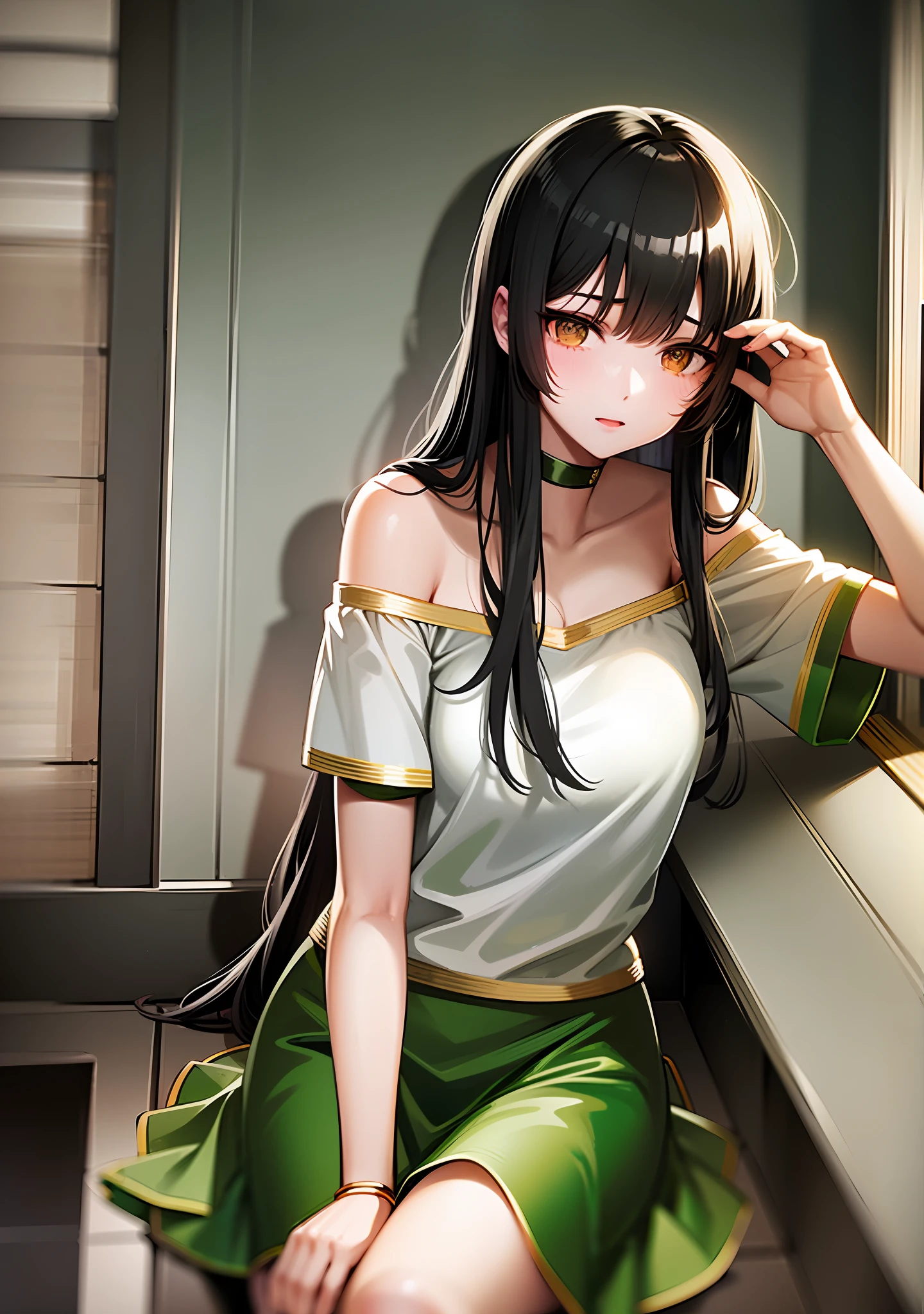 Adult female, long black hair with Green line in the middle, white shirt with a shoulder strap, short green skirt with gold trim, sitting facing the desert, holdi