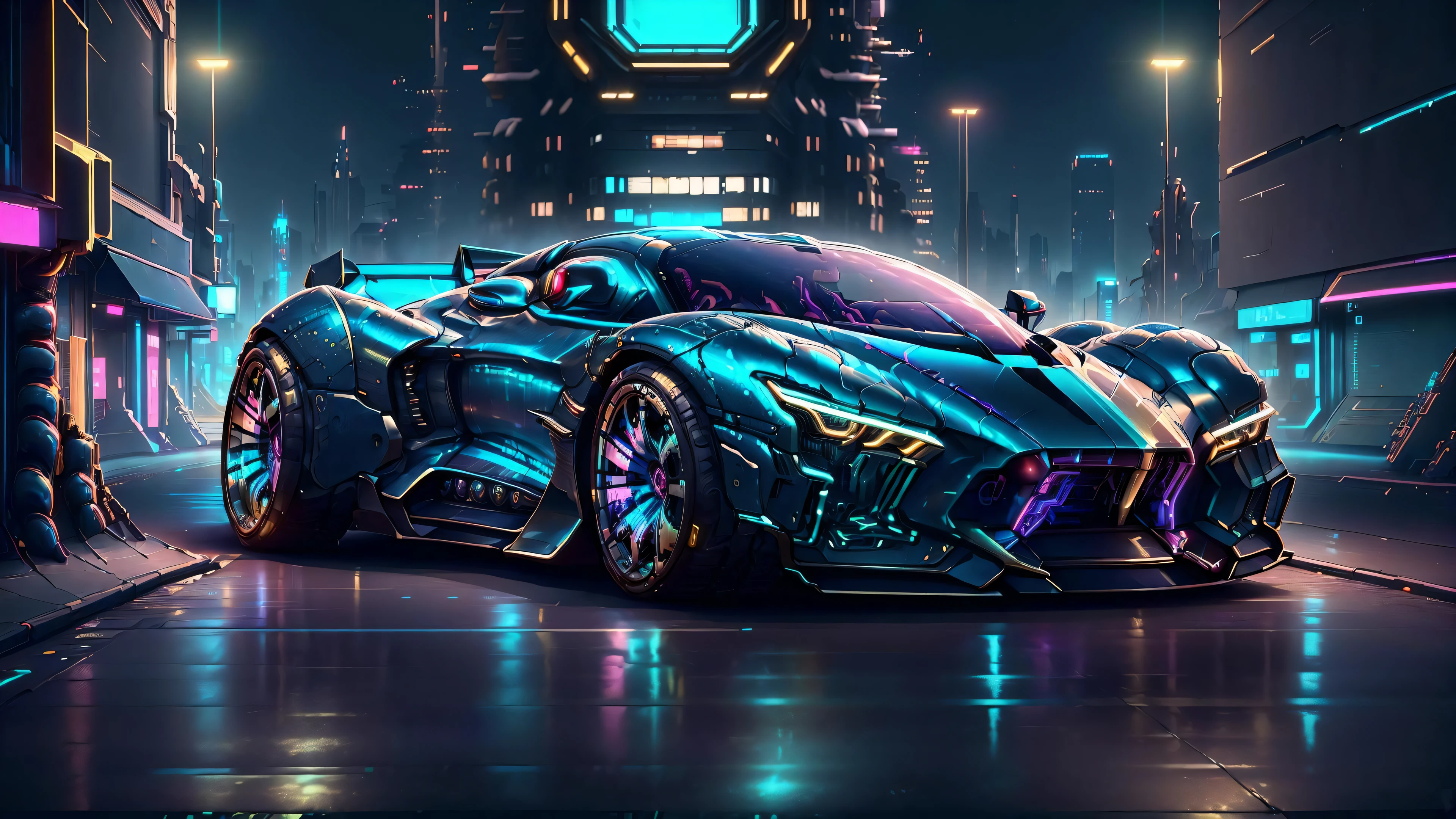 (CyberPunkAI:1.2), (BugattiAI:0.4), (sleek symmetrical futuristic sports car:1.2) with a futuristic weapon mount, (iridescent blue:1.4) paint, (city background, at night:1.4), highly detailed rims, (glowing rims:1.2), (intricate details, golden ratio, masterpiece:1.2), (8k, photorealistic, insane quality, best quality:1.6), extremely detailed, highest detail, highly detailed, incredibly detailed