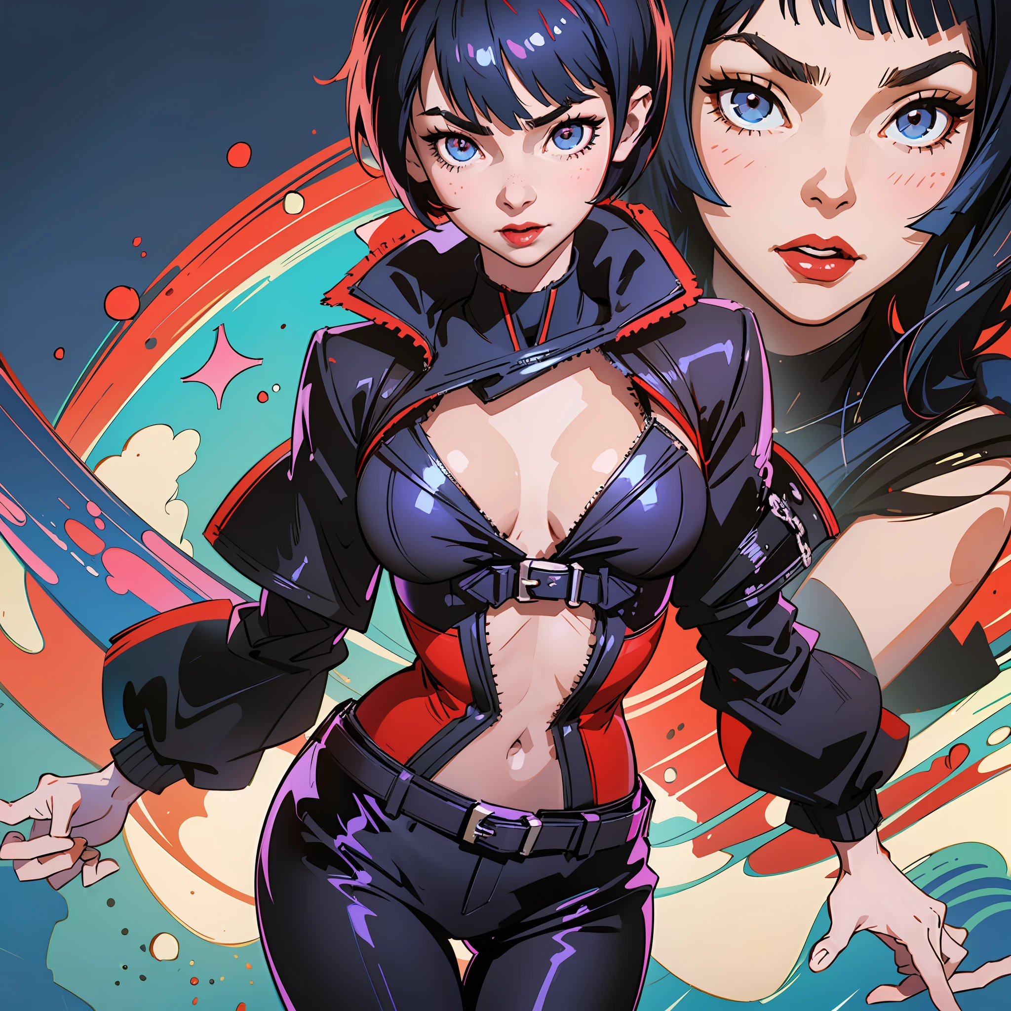 Anime portrait of an original character, volumetric lighting, best shadows, stunning adult woman portrait, equal to tae takemi of persona 5, athletic, delicate attractive handsome face with seductive eyebrow eyes, perfect painted face, sharp eyebrows, widely smiling, mouth open, stuck out, lovely big breasts, big ear, red lipstick, short pixie cut and messy hair,  blush eyeshadow, thick eyelashes, stylish modern clothes, slim waist, dark pants, with buckle belt, in a clinic (highest quality, amazing details: 1.25), (solo: 1.3), bright colored paintings --auto --s2