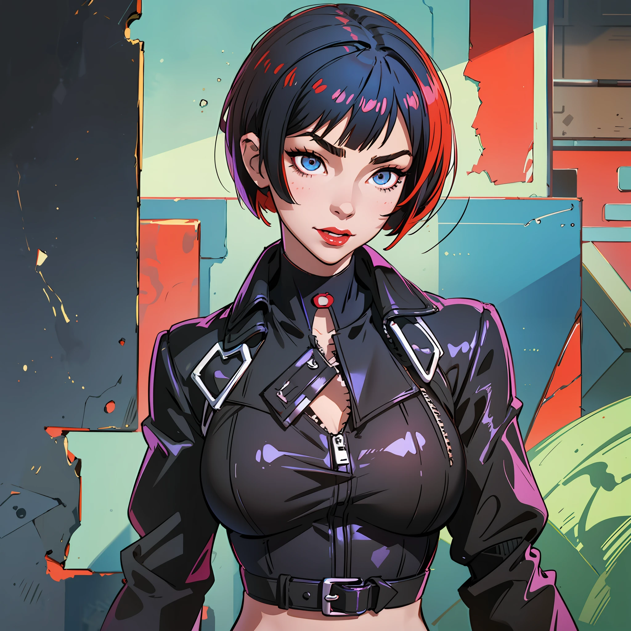 Anime portrait of an original character, volumetric lighting, best shadows, stunning adult woman portrait, equal to tae takemi of persona 5, athletic, delicate attractive handsome face with seductive eyebrow eyes, perfect painted face, sharp eyebrows, widely smiling, mouth open, stuck out, lovely big breasts, big ear, red lipstick, short pixie cut and messy hair,  blush eyeshadow, thick eyelashes, stylish modern clothes, slim waist, dark pants, with buckle belt, in a clinic (highest quality, amazing details: 1.25), (solo: 1.3), bright colored paintings --auto --s2