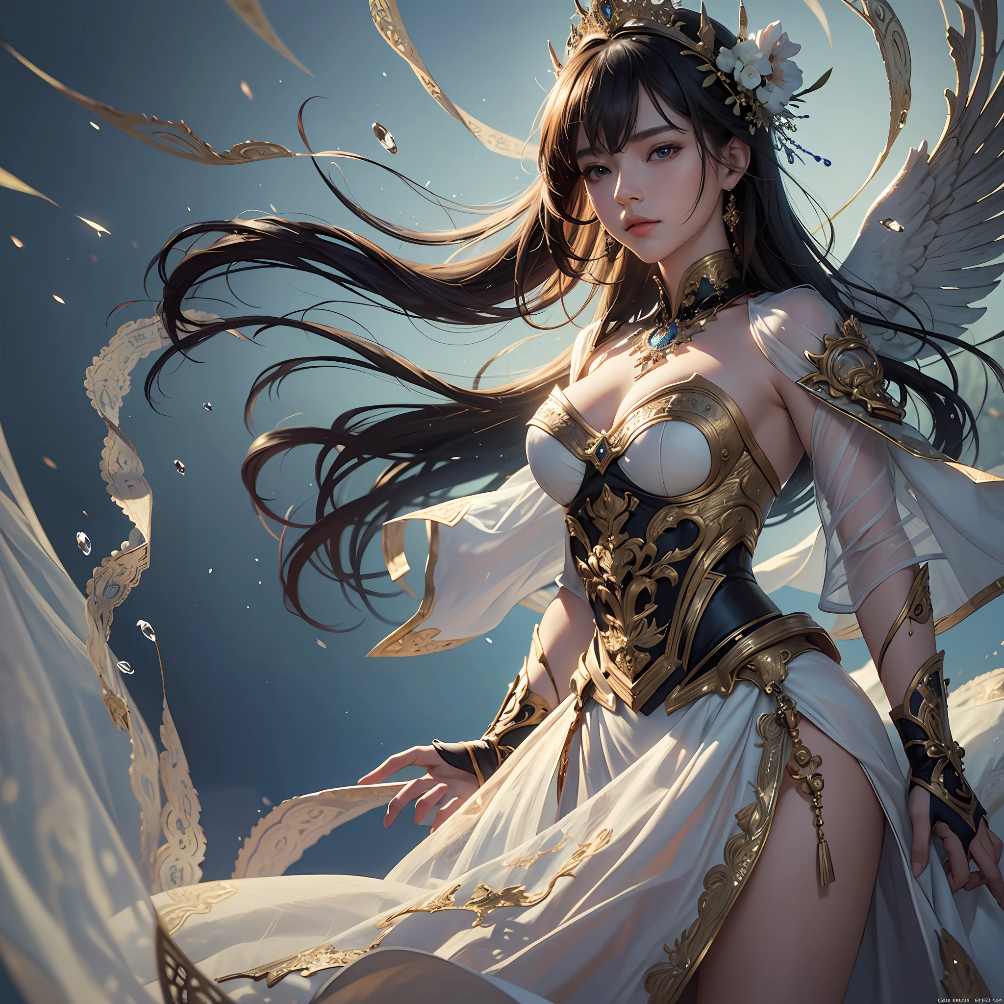 An Asian woman in a long white dress, lace, WLOP and Rosteland, intricate WLOP, fantasy art style, fantasy art Behans, Rosteland and WLOP, Guvez style artwork, WLOP art, elegant cinematic fantasy art, Ross trunk 8 K, beautiful fantasy art, the best art station for fan art, 16K high-quality detail art, creative works, extremely dynamic works, extremely rendered works, Very Fantasy Works (Best Quality: 1.8), (Reality: 1.8), (Masterpiece, Best Quality, Super Detailed), [Reflection], (Best Lighting, Best Shadows, Very Detailed and Beautiful), Sony Fi, f/1.8, 135mm, Perspective shortening, ISO 200 shutter speed 2000, vivid photos, Ultra detail, Super resolution, Very detailed physically based rendering, (Anatomically correct: 1.9), Dynamic angle, Dynamic pose, Ultra HD, Vivid graphics, HD, High Quality Textures, Intricate Details, Accent Lighting, (Backlight: 1.3), Professional Lighting, Face Lighting, Film Lighting, (Best Quality, Realistic Textured Skins: 1.4) Best Quality, (Reality: 1.5) Stand Art Photo, POV, Atmospheric Perspective, Projected Illustration, Zoom Layer, First Person View, Illustration, Curating, Best Magazine Cover, Best Film Effect, 16K, Super Detail, Ultra HD, Fine Graphics, Super Fine Graphics --auto --s2
