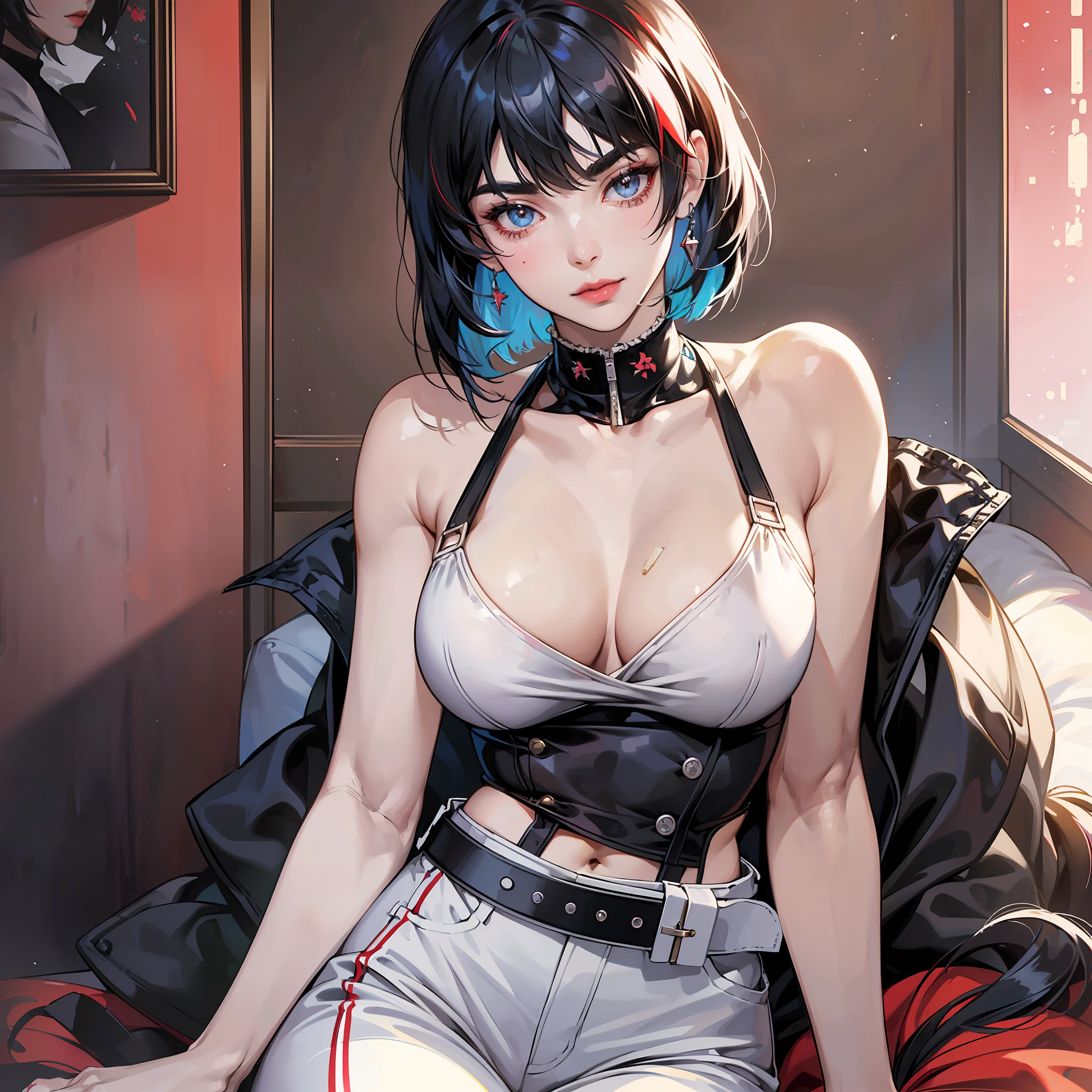 Anime portrait of an Tae Takemi (Tae_takemi), volumetric lighting, best shadows, stunning adult woman portrait, muscular, detailed, using earing, pose showing bare feet, equal to tae takemi of persona 5, athletic, delicate attractive handsome face with seductive eyebrow, brow eyes, perfect painted face, sharp eyebrows, widely smiling, mouth open, stuck out, lovely medium breasts, big ear, red lipstick, messy hair, blush eyeshadow, thick eyelashes, stylish white modern clothes, slim waist, dark pants, with buckle belt, in a clinic (highest quality, amazing details: 1.25), (solo: 1.3), bright colored paintings --auto --s2