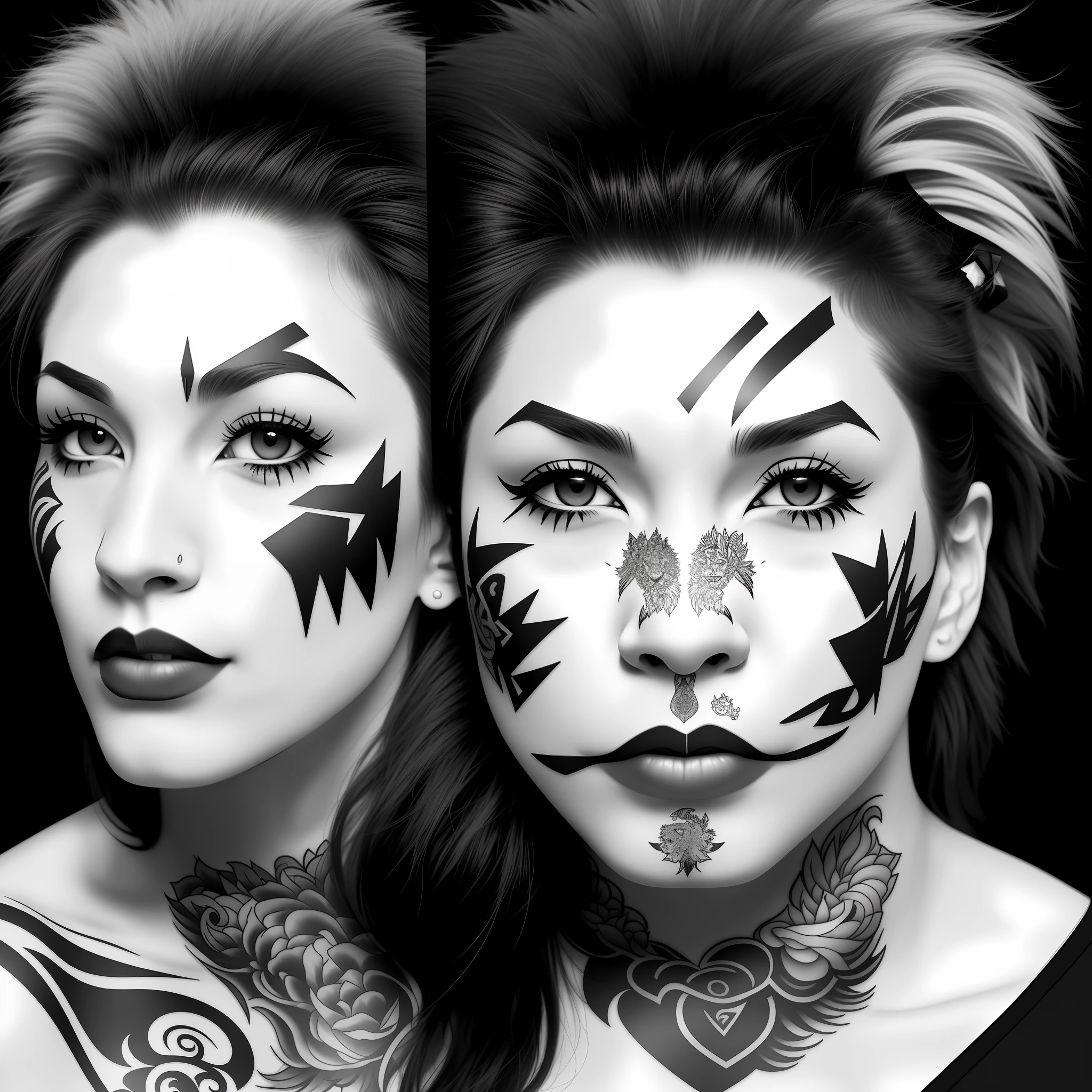 (lion face),(black and white),(tattoo style),split in half,(half of the face puzzle style disassembled),(half of the normal face)