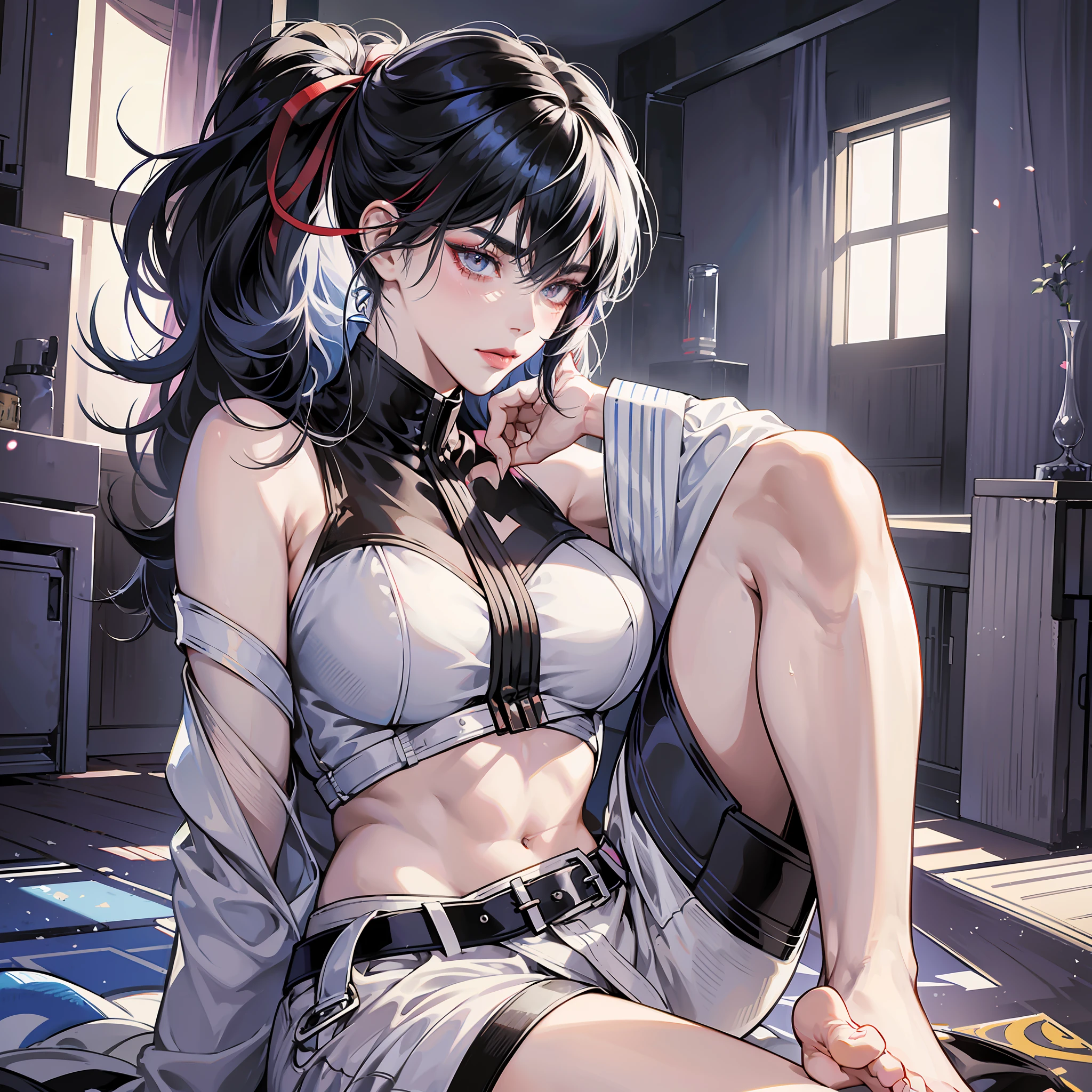Anime portrait of an Tae Takemi (Tae_takemi), volumetric lighting, best shadows, stunning adult woman portrait, muscular, detailed, using earing, pose showing bare feet, equal to tae takemi  of persona 5, athletic, delicate attractive handsome face with seductive eyebrow, brow eyes, perfect painted face, sharp eyebrows, widely smiling, mouth open, stuck out, lovely medium breasts, big ear, red lipstick, messy hair, blush eyeshadow, thick eyelashes, stylish white modern clothes, slim waist, dark pants, with buckle belt, in a clinic (highest quality, amazing details: 1.25), (solo: 1.3), bright colored paintings --auto --s2