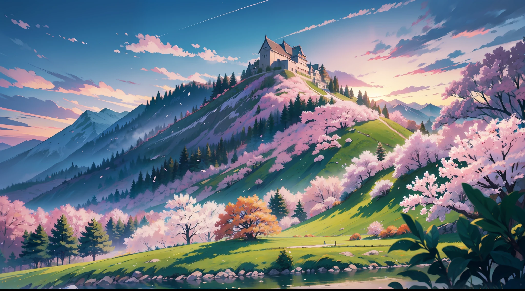 landscape, nature, sakura tree, wind, winter, mountain range, mountain sitting near mountain, detailed water, peaceful, green grass, castle, extremely detailed, depth of field, cinematic lighting, Ghibli-like colours, high detail, scenery, high place, horizon, wind, wind blow, 8k, bokeh, award winning, (masterpiece:1.2), best quality, no humans