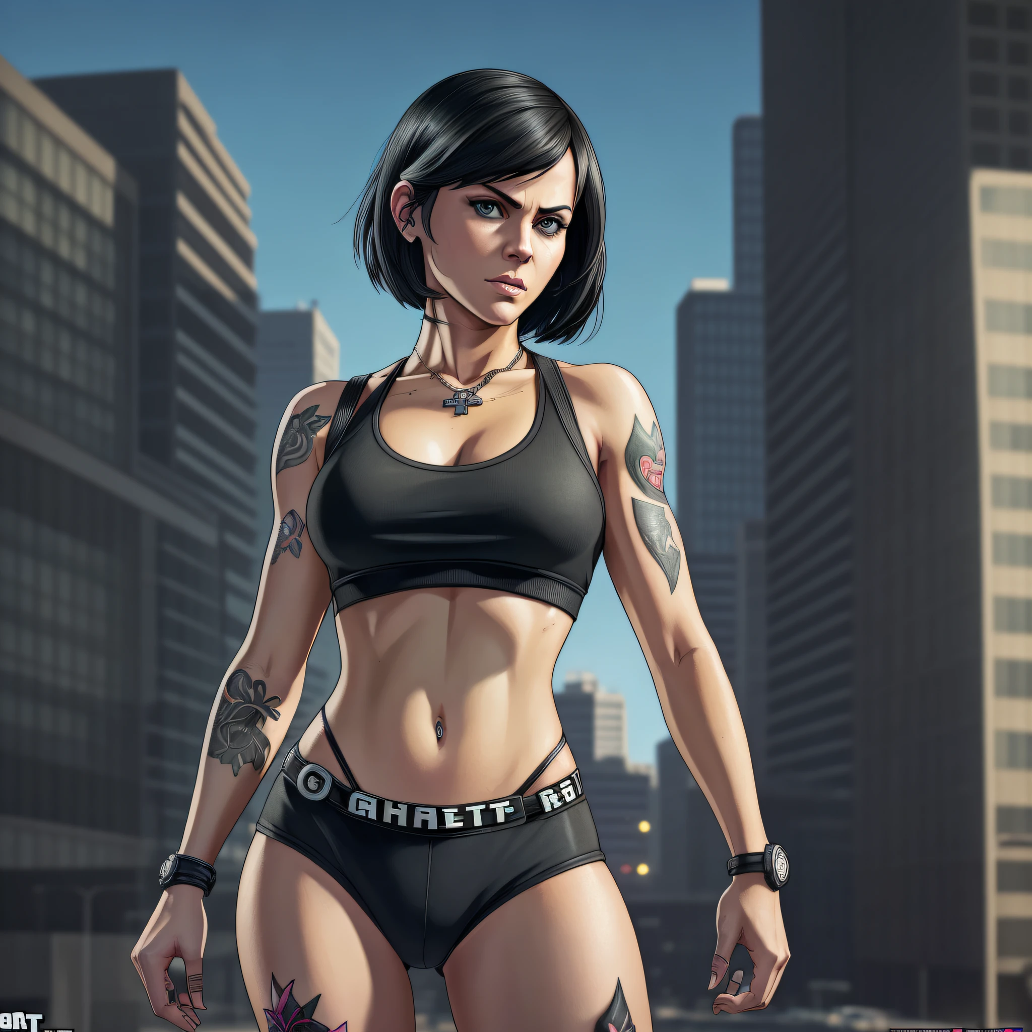 realistic, detailed, photorealistic, 8k, ((gta v style)), ((gta v wallpaper style)), ((gta v artwork)), ((best quality)), ((masterpiece)), woman with short black chanel hair, blue eye, full body, black clothes, fitness body, old school tattoos. --auto --s2