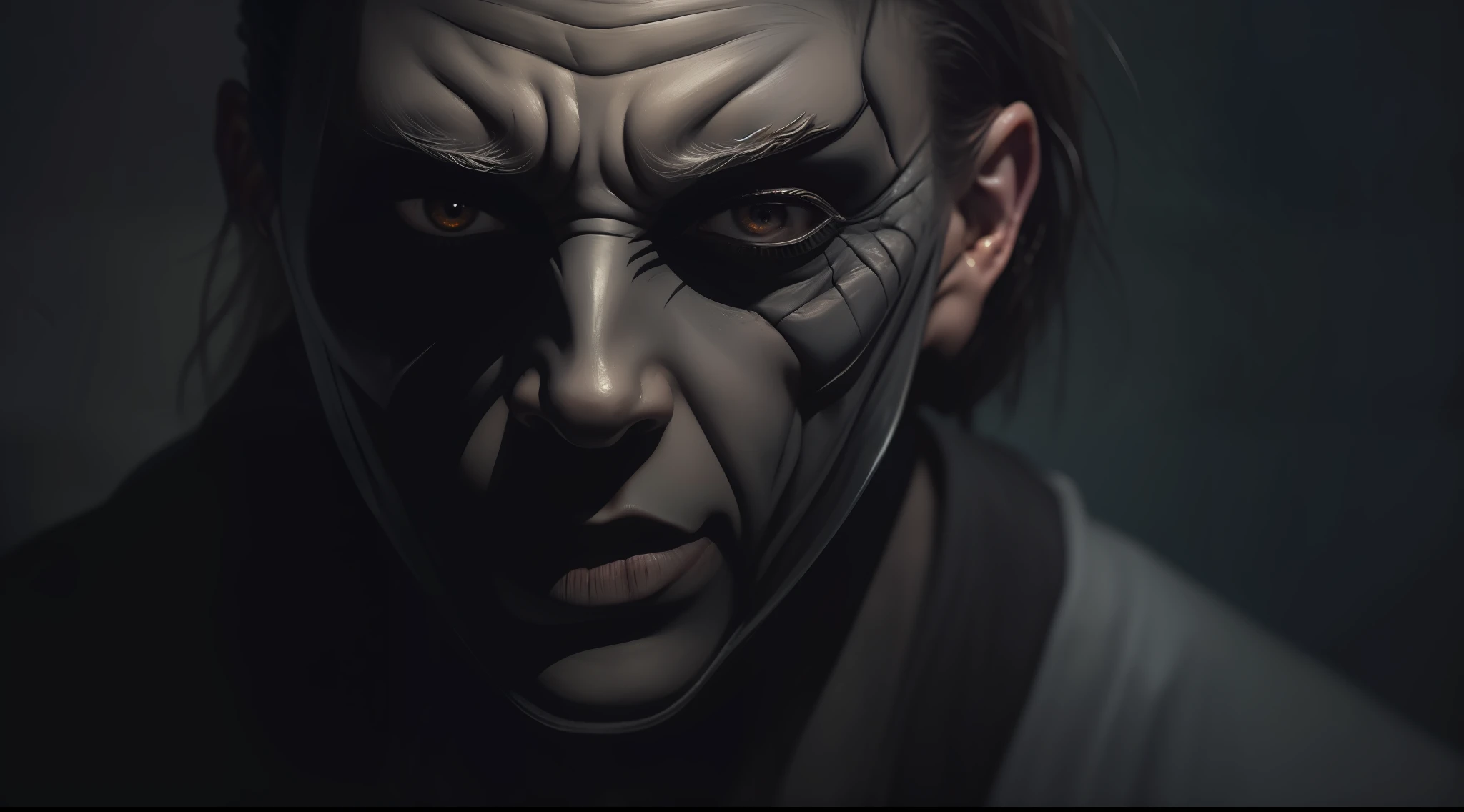 award-winning photo from the waist up, Michael Myers, dark, mask, evil, hyper-realism, strong impressionist painting style, 1,618, elegant, ethereal, intricate, elaborate, hyper-realism, hyper-detailed, strong expressiveness and emotionality, cinematic lighting, visual clarity