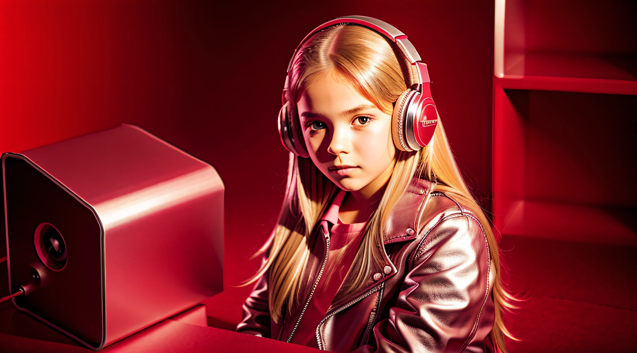 GIRL child , RUSSIAN BLONDE long hair and headphones, portrait, SILVER LEATHER JACKET, VINYL AND CDS red background. --auto --s2