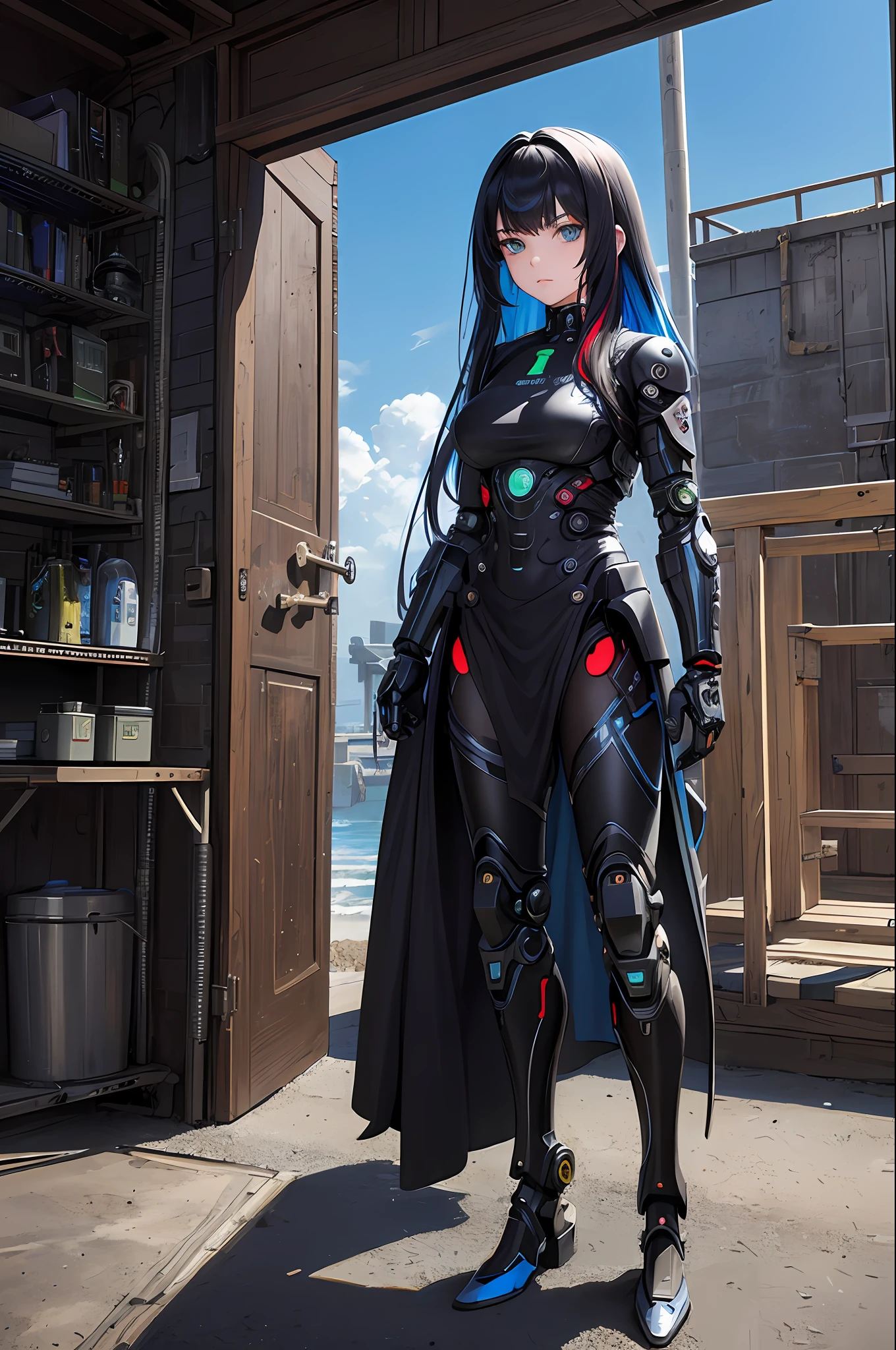 science fiction, (masterpiece, best quality, ultra detailed), ((multicolored hair, black hair, blue hair)), green eyes, suffering, (1girl:1.6), dynamic streaks, vibrant colors,  technology, manga influence, comic, gun, mechagirl, full armour, cables, extreme detailed wallpaper, ((mechanical limbs)), expressionless, biomechanical, mecha
