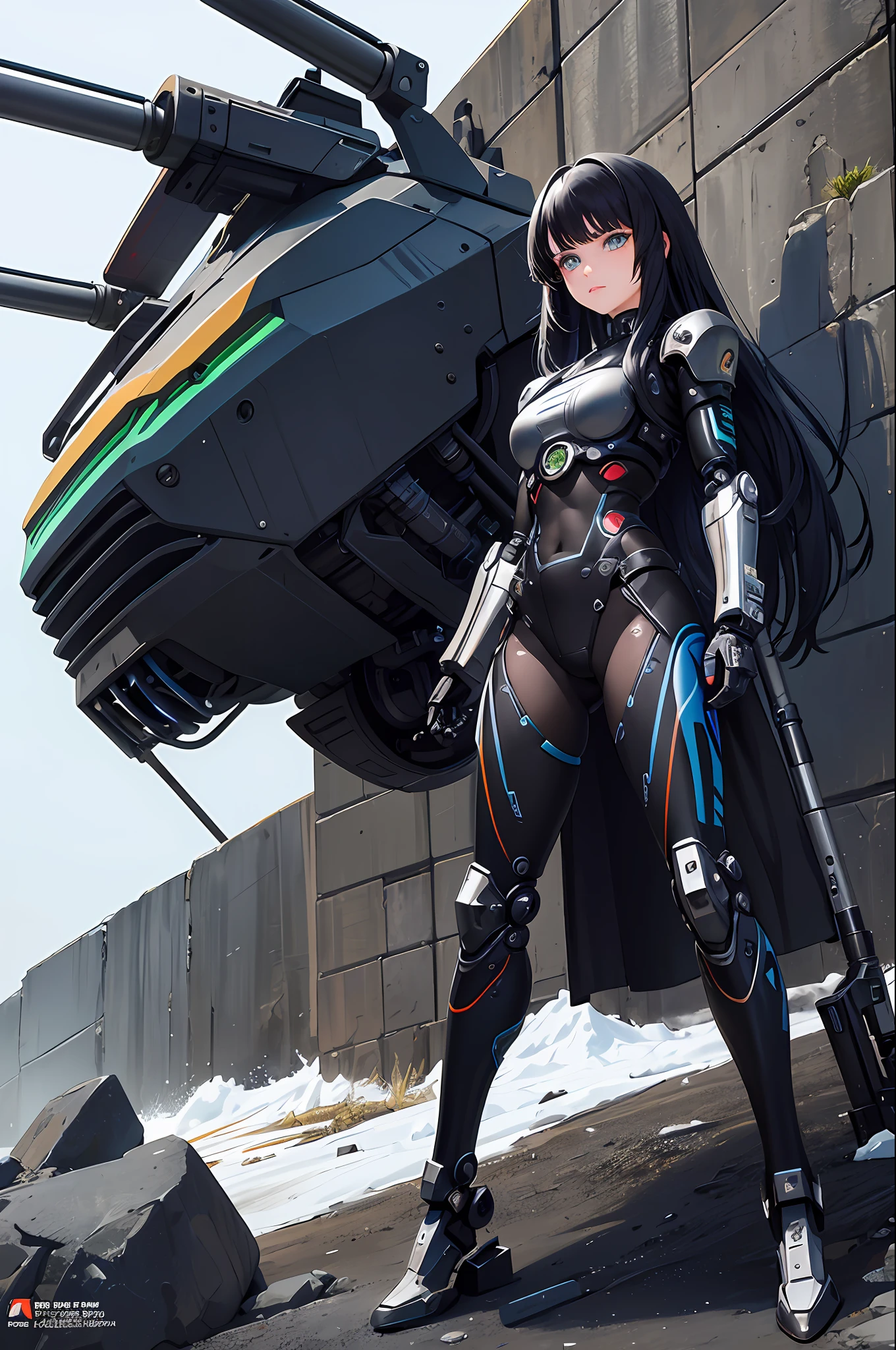 science fiction, (masterpiece, best quality, ultra detailed), ((multicolored hair, black hair, blue hair)), green eyes, suffering, (1girl:1.6), dynamic streaks, vibrant colors, technology, manga influence, comic, gun, mechagirl, full armour, cables, extreme detailed wallpaper, ((mechanical limbs)), expressionless, biomechanical, mecha