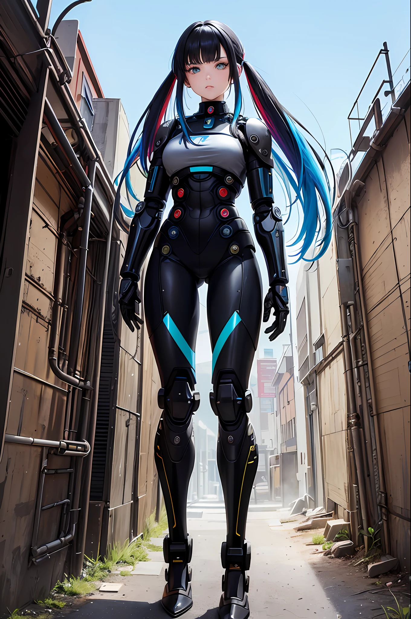 science fiction, (masterpiece, best quality, ultra detailed), ((multicolored hair, black hair, blue hair)), green eyes, suffering, (1girl:1.6), dynamic streaks, vibrant colors, technology, manga influence, comic, gun, mechagirl, full armour, cables, extreme detailed wallpaper, ((mechanical limbs)), expressionless, biomechanical, mecha