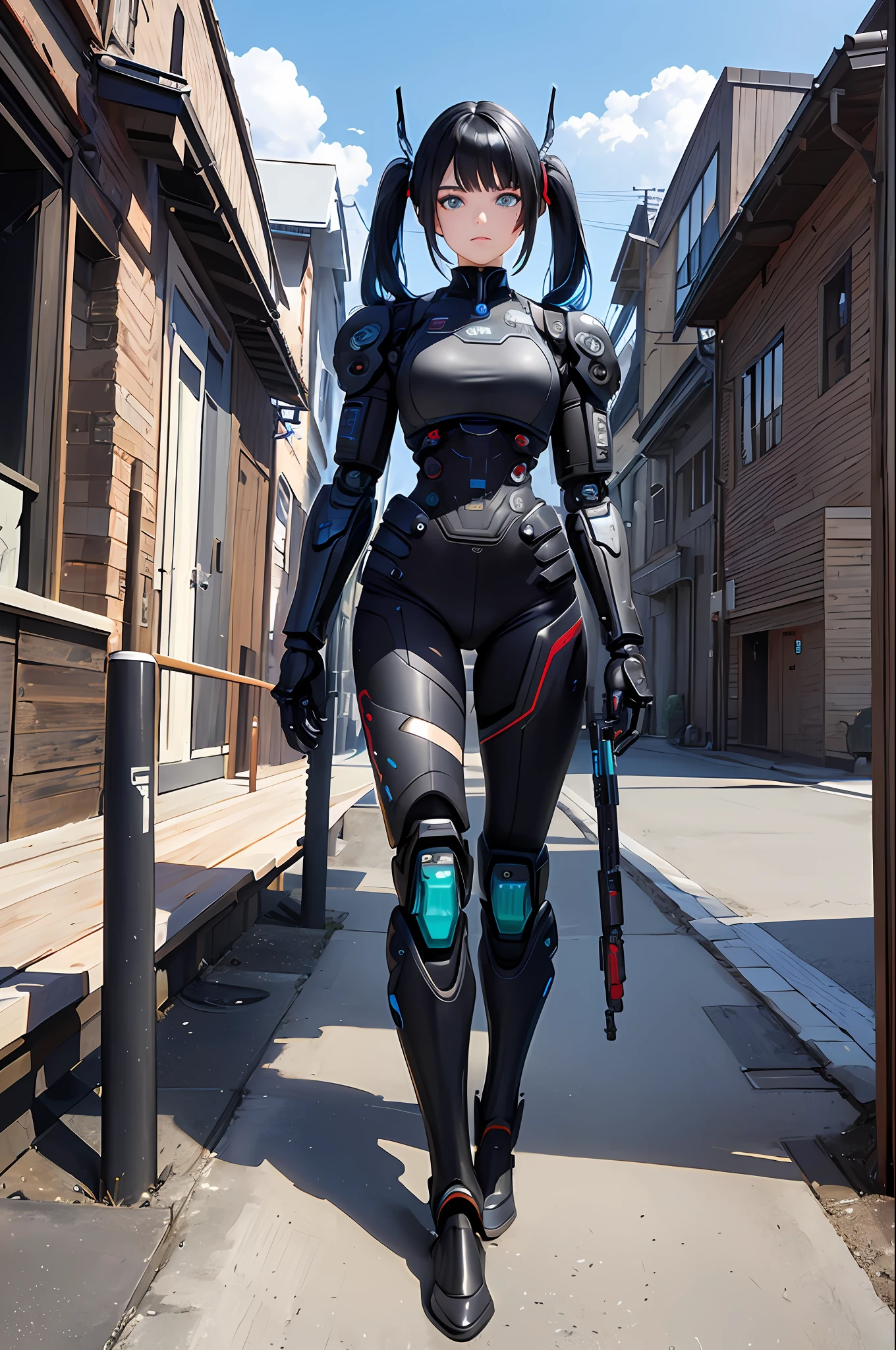 science fiction, (masterpiece, best quality, ultra detailed), ((multicolored hair, black hair, blue hair)), green eyes, suffering, (1girl:1.6), dynamic streaks, vibrant colors, technology, manga influence, comic, gun, mechagirl, full armour, cables, extreme detailed wallpaper, ((mechanical limbs)), expressionless, biomechanical, mecha