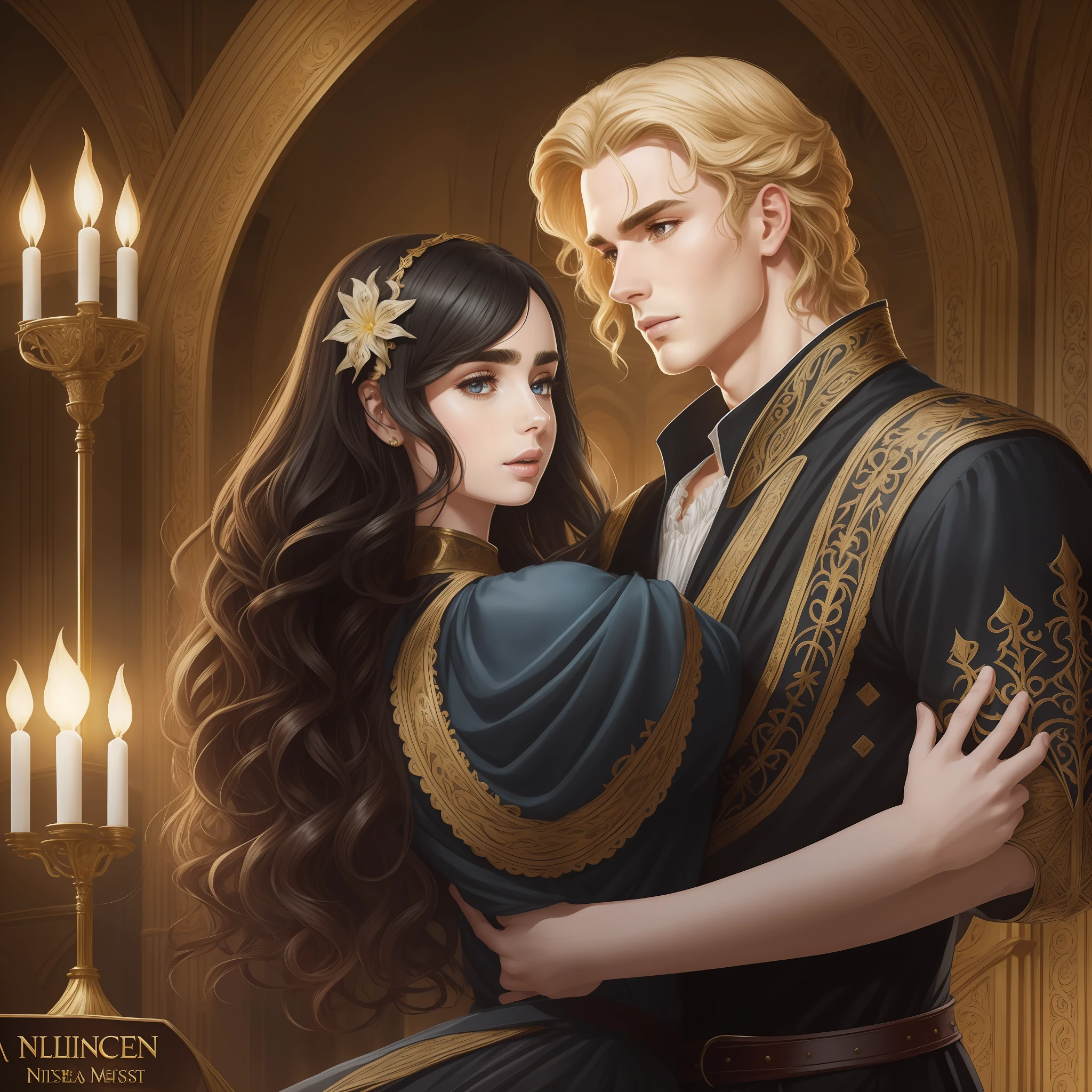 Lily Collins, who has curly black hair, wears a medieval dress. the Neels Visser wears a medieval military outfit and has blonde hair. The couple is waltzing in the ballroom. The illustration is like a book cover with a detailed, bright, illuminated, ultra detailed background, conceptual art, elegant, Artgerm art