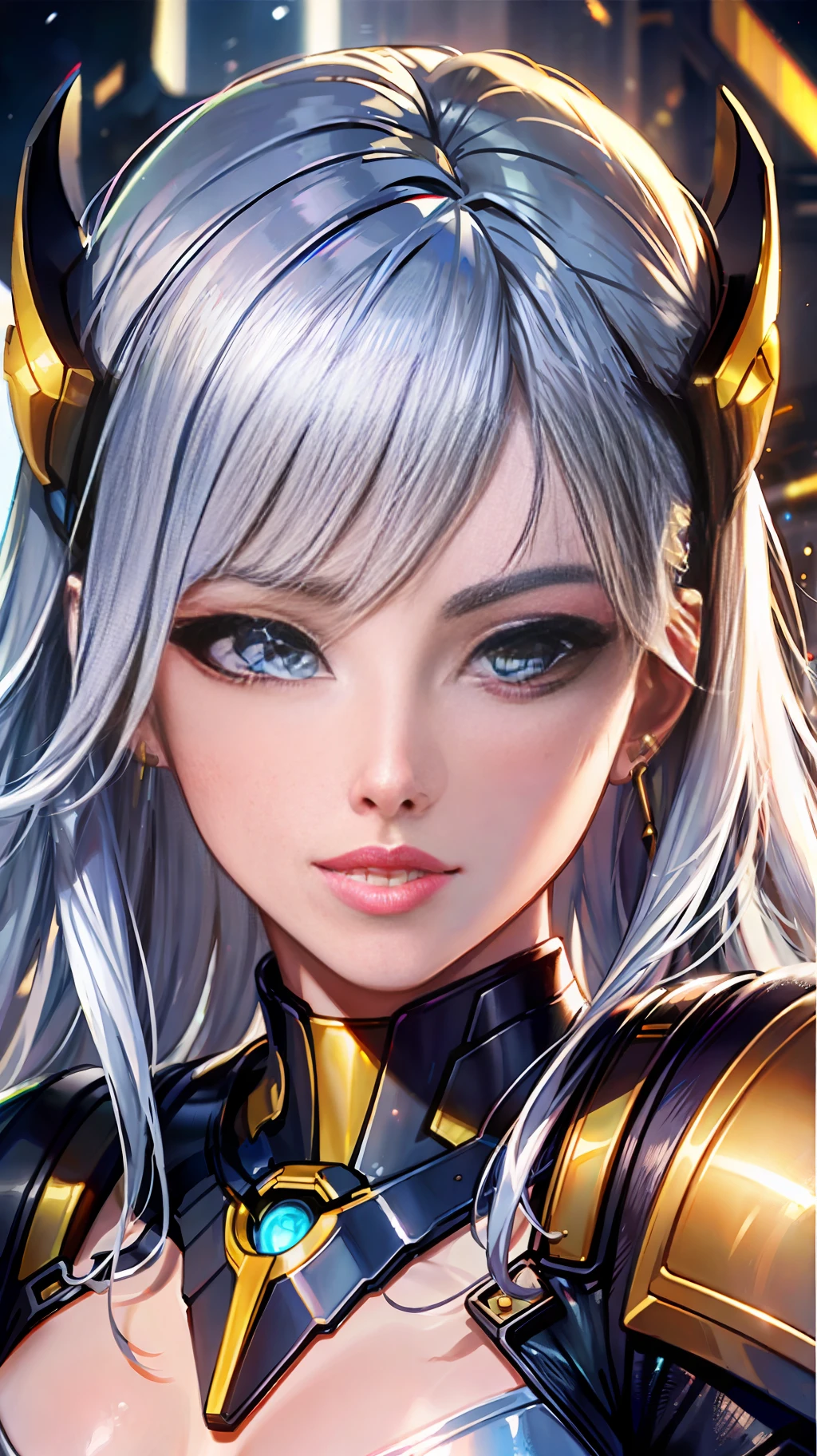 Golden armor girl, lips, realistic 0.8, silver hair, masterpiece, HD quality