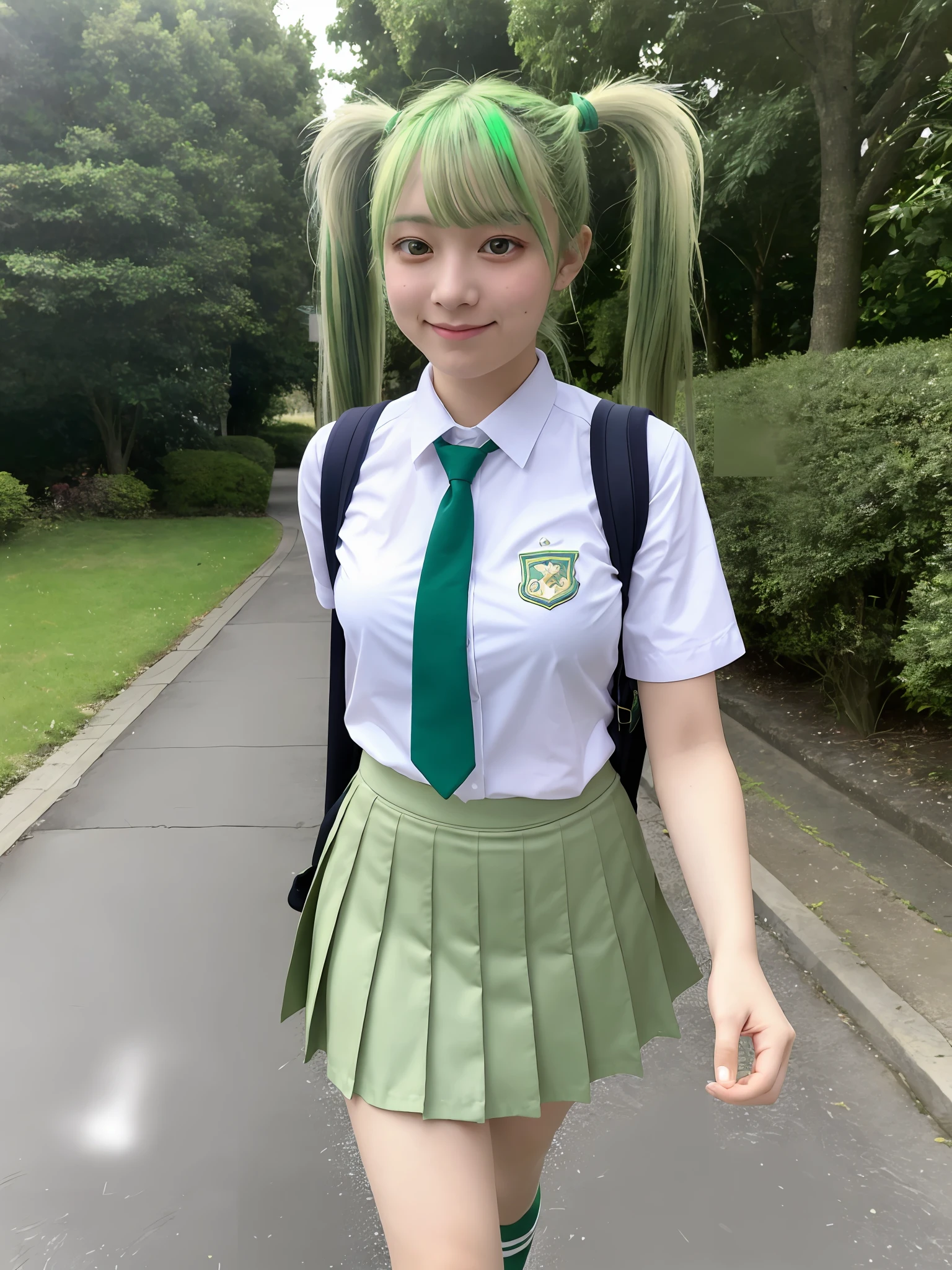 Masterpiece, Top quality, 1 beautiful girl, sleeping, detailed eyes, swollen eyes, yellowish green hair, twin tails, long hair, beautiful skin, sexy, cute, beautiful legs, short skirt, Japanese woman, high school girl, Asian beauty, magical world, other world, magical school, green uniform, on her way to school, street, walking I am,