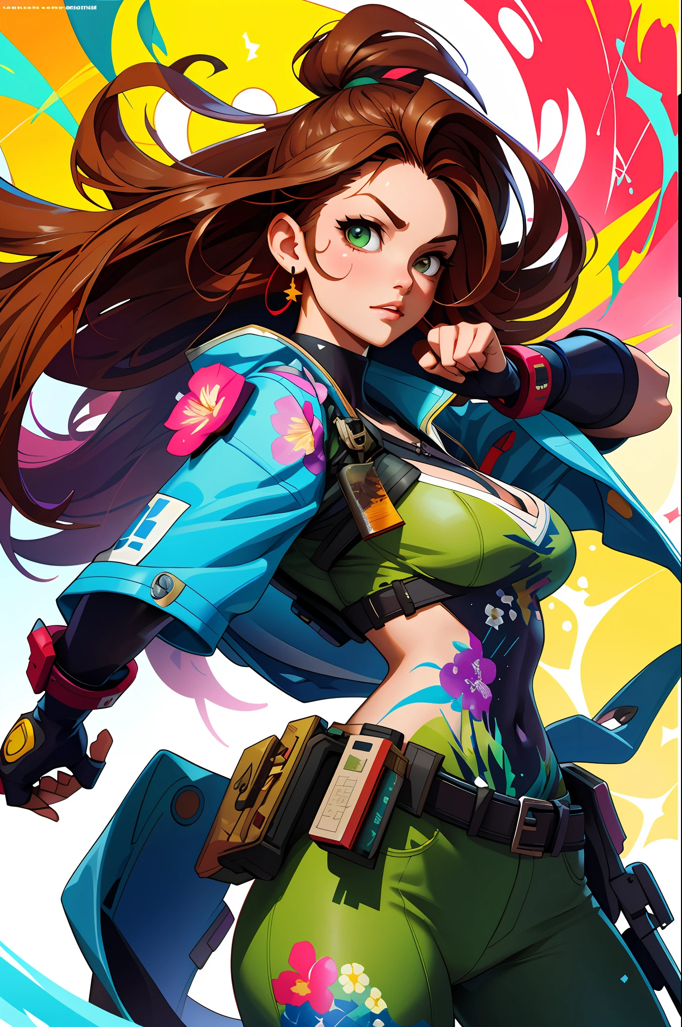 extraordinary lustration, plano de fundo, misturado-Idioma_Texto, letras japonesas em graffit ,::yoji shinkawa style ::2.0 comix illustration style,tatoon style , comic book style ,beautiful woman with long hair rosa degradê ultra detailed, (beautiful and clear background:1.2),, fantastic paintings ,graffit style, flowers, olhos altamente detalhados , a t-shirt or dressed in a white blouse underneath, with both fists in a fighting position, and bracelets, fighting against an enemy, with long hair , stained glass colored, out, vibrant, alphonse mucha style, fantastic paintings by joe madureira ,high quality, art,kelly brook beautiful woman with long rosa degradê hair , freedom, soul, digital illustration, comic style, perfect anatomy, centered, approaching perfection, dynamic, highly detailed, watercolor painting, artstation, concept art, smooth, sharp focus, illustration, art by carne griffiths and wadim kashin,big breast,alone anime girl with a medium lenght pose and cute clothes, short pastel , heterochromia, perfect anatomy, centered, approaching perfection, dynamic, highly detailed, character sheet, artstation, concept art, smooth, sharp focus, illustration, art by kim jung gi,, artgerm, carne griffiths and wadim kashin , sasha yakovleva, loish, jeremy mann, full body shot, character sheet, lightningwave, beautiful anime watercolor painting ,paint dripping by tim okamura, victor nizovtsev, greg rutkowski, noah bradley. trending on artstation, 8k, masterpiece, graffiti paint, fine detail, full of color, intricate detail, golden ratio illustration,monochromatic green background, masterpiece, best quality, high quality, highres, best quality, high resolution fix, bright amazing lighting, detail enhancement, best quality, high quality, highres, detail enhancement